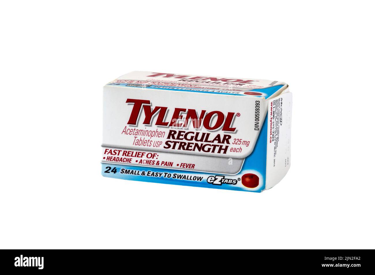 Una scatola di compresse di Acetaminofene a concentrazione regolare di Tylenol. Foto Stock