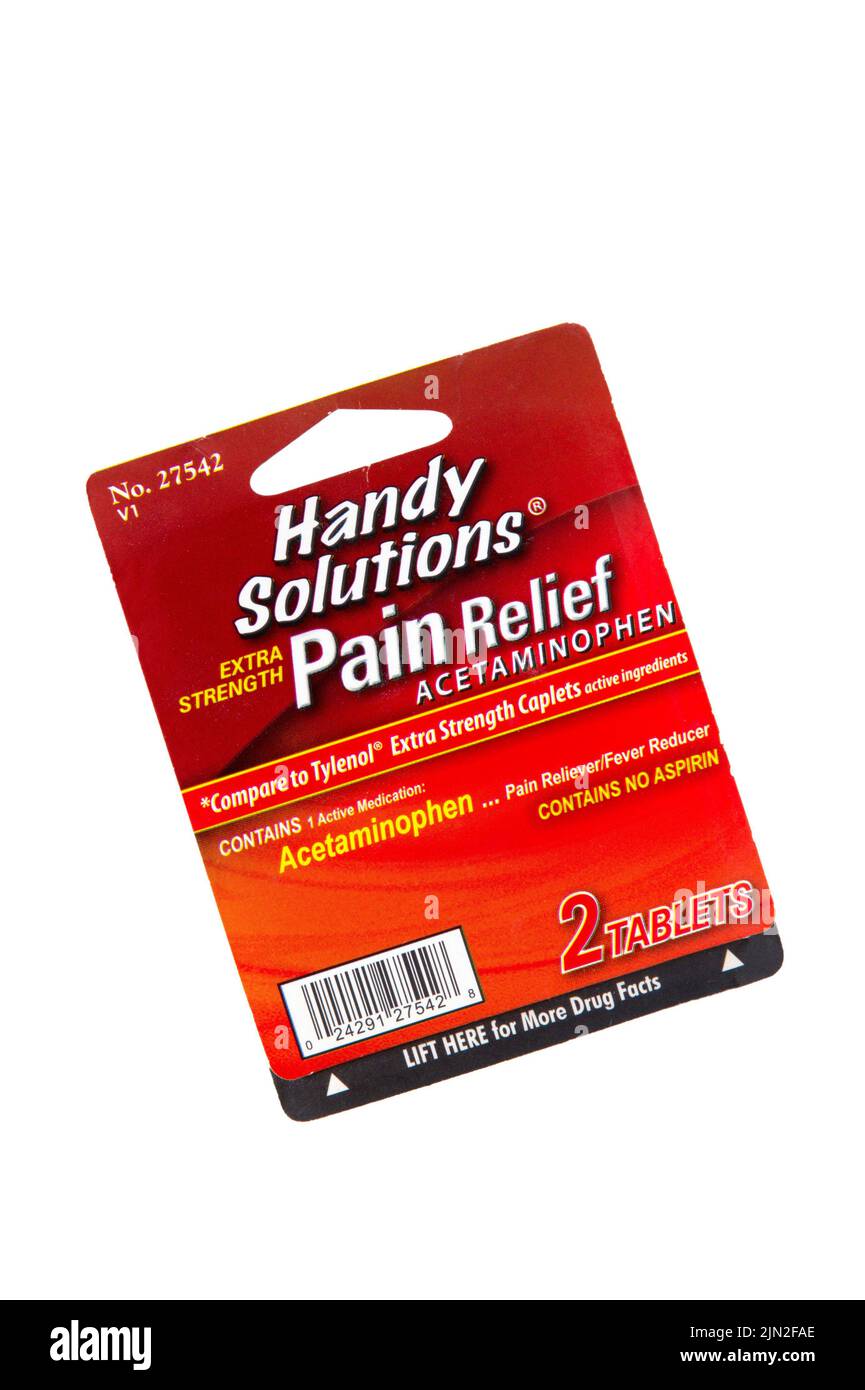 Un pacchetto di sollievo dal dolore di Handy Solutions composto da due compresse di Acetaminophen ad alta resistenza. Foto Stock