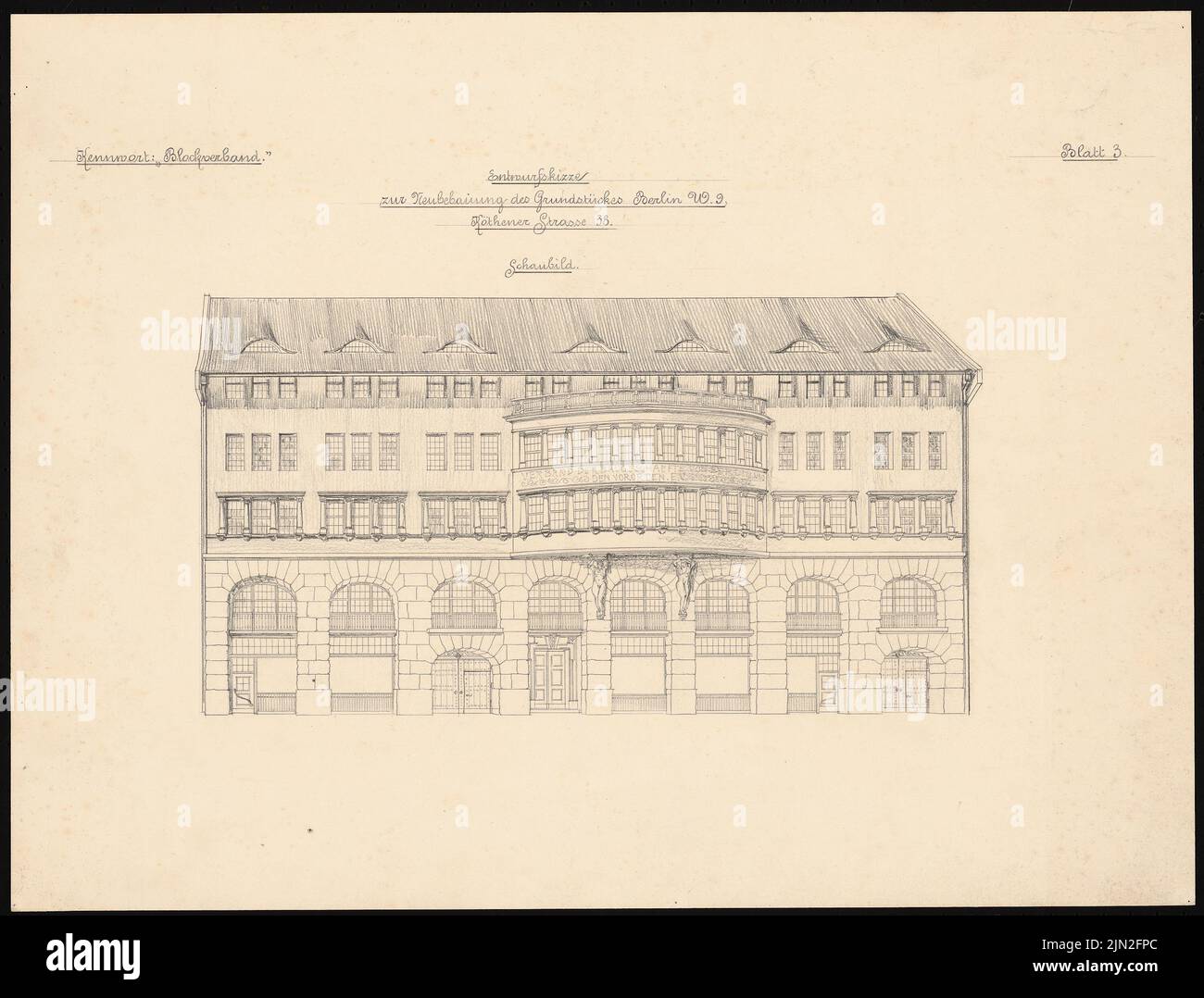 Knoblauch Gustav (1833-1916), edificio commerciale dell'Associazione delle costruzioni di Berlino e dei sobborghi, Berlino-Tiergarten: 2nd design: Vista prospettica. Matita su cartone, 48,1 x 63,2 cm (inclusi i bordi di scansione) Foto Stock