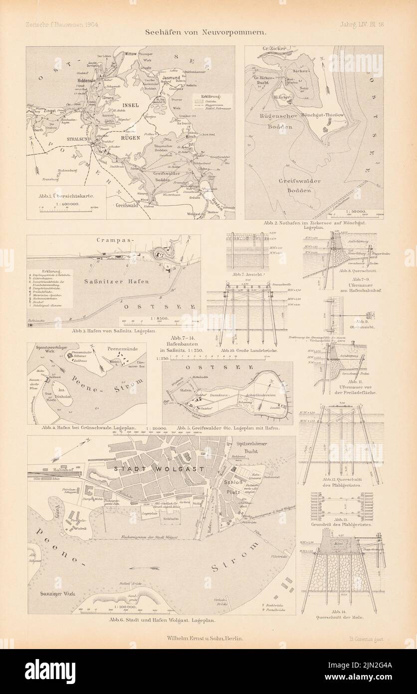 N.N., Hafen Sassnitz, Wolgast, Klein-Zicker, Grünschwade, Greifswalder OIE. (Da: Atlas alla rivista for Building, ed. V. Ministero dei lavori pubblici, Jg. 54, 1904): Piani, tagli. Cucitura su carta, 43,8 x 28,2 cm (inclusi i bordi di scansione) Foto Stock