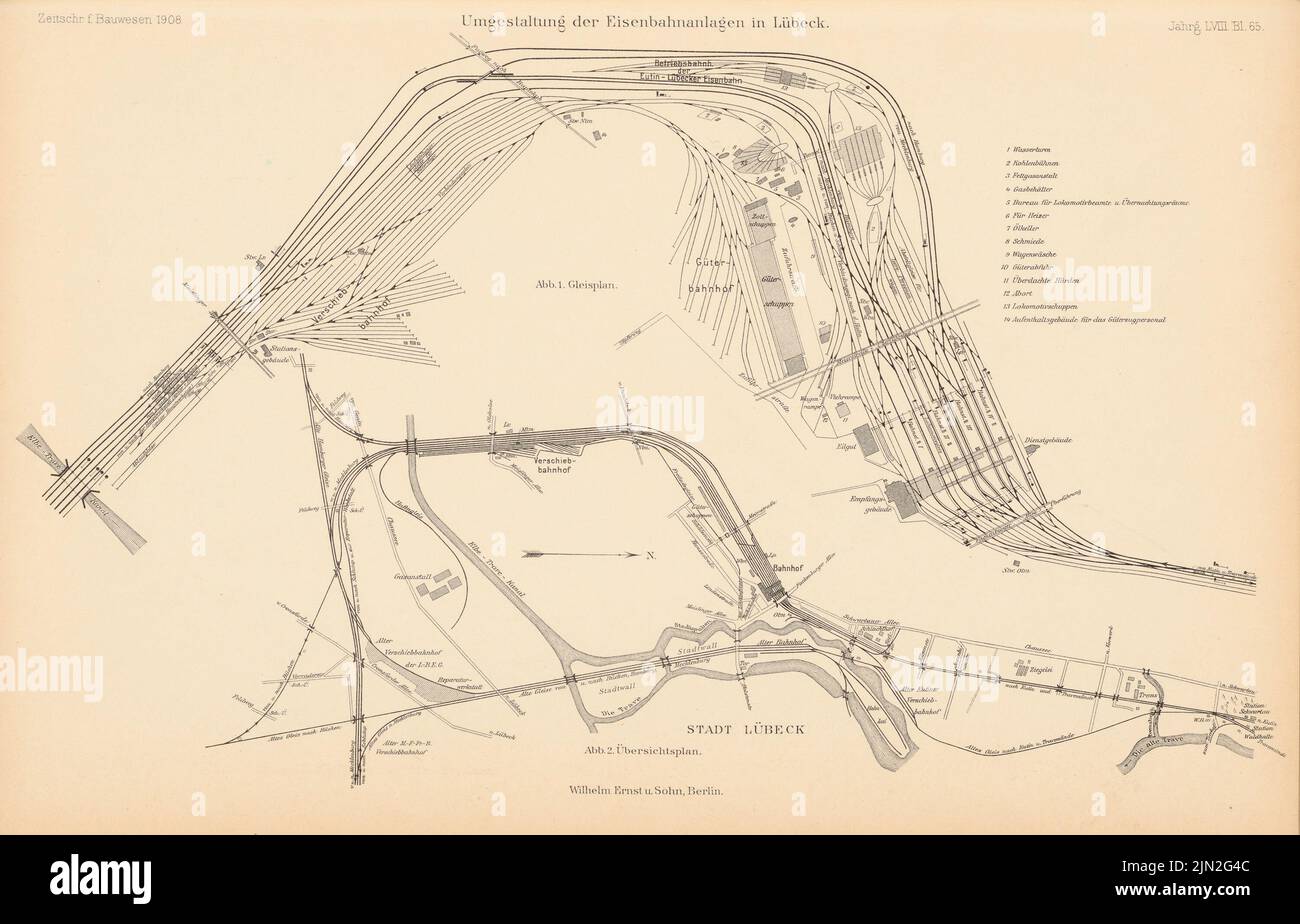 N.N., rimodellamento dei sistemi ferroviari, Lübeck. (Da: Atlas alla rivista for Building, ed. V. Ministero del lavoro pubblico, Jg. 58, 1908): Dipartimento, Gleisplan. Pressione sulla carta, 28,2 x 43,9 cm (inclusi i bordi di scansione) Foto Stock