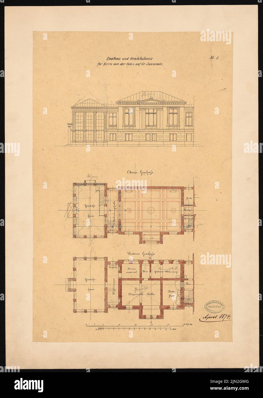 Knoblauch & Wex, hall building e serra per da est, Groß Jannewitz: Pianta UG e OG e vista. Inchiostro, matita, inchiostro colorato ad acqua su trasparente, 59,3 x 41,9 cm (inclusi i bordi di scansione) Foto Stock