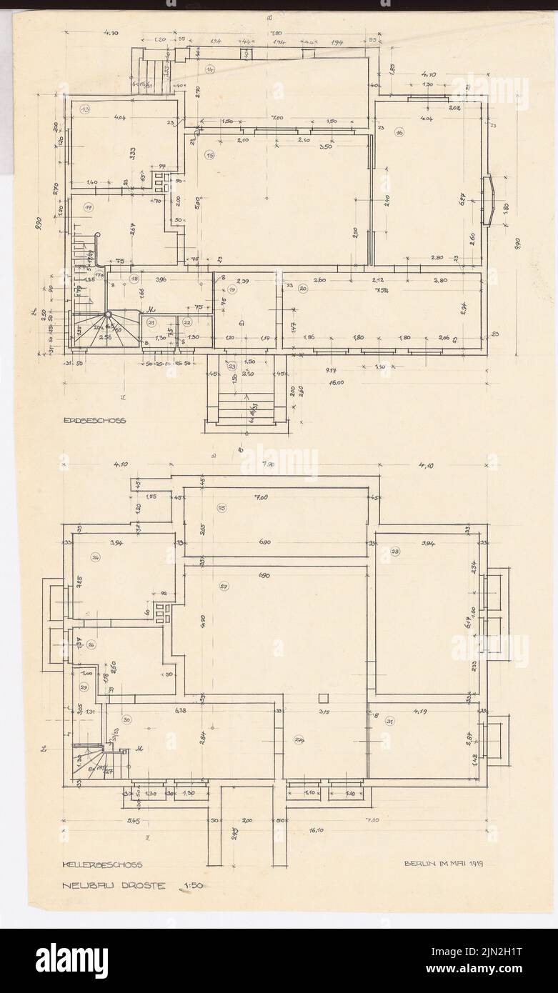 Knoblauch Gustav (1833-1916), edificio residenziale DROSTE, Berlino-Zehlendorf: Grundriss KG ed EG 1:50. Matita su trasparente, 70,4 x 42,3 cm (inclusi i bordi di scansione) Foto Stock