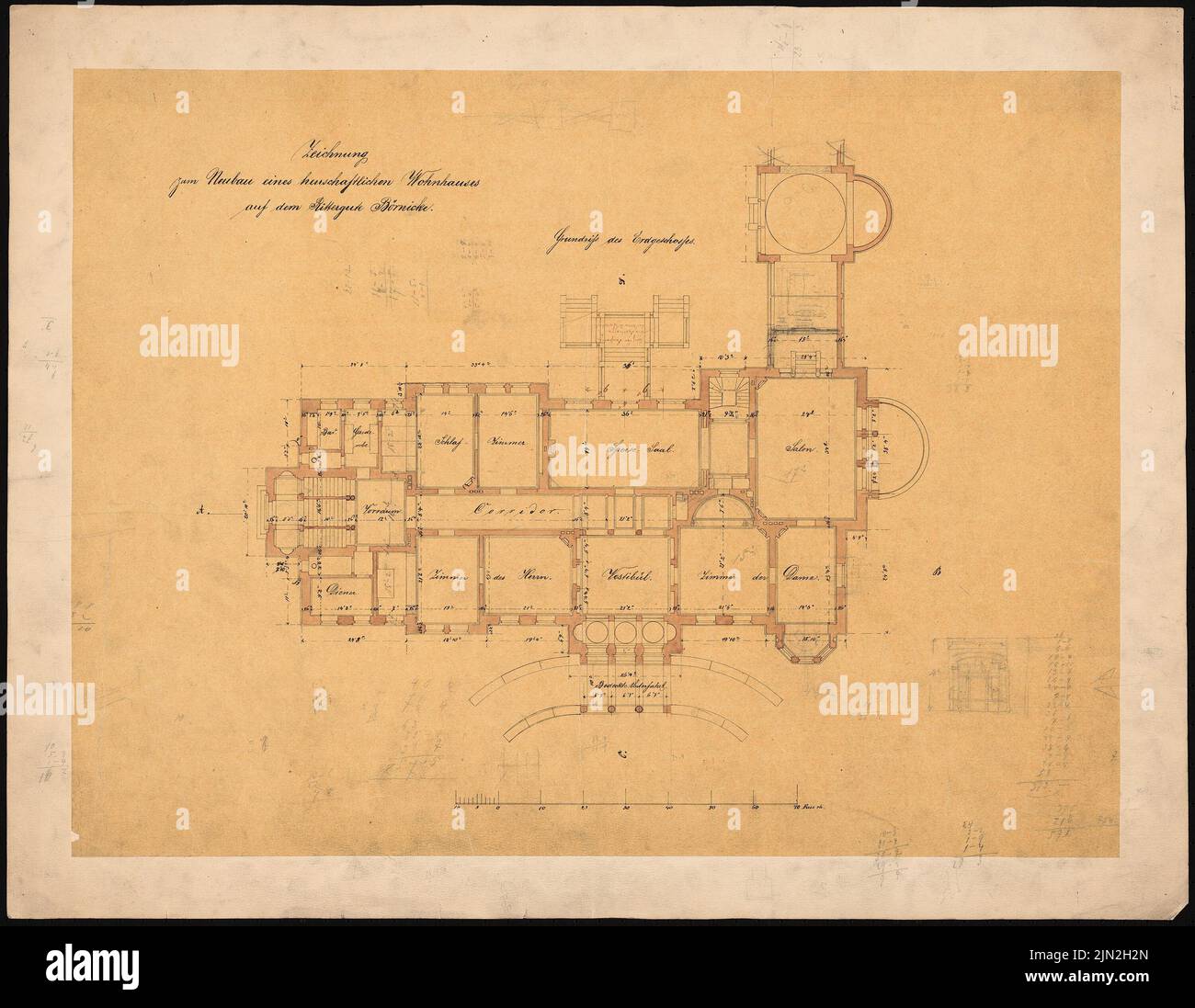 Knoblauch Gustav (1833-1916), Rittergut Börnicke: Grundriss EG. Tuser e matita, acquarello su trasparente, 56,8 x 73,2 cm (inclusi i bordi di scansione) Foto Stock