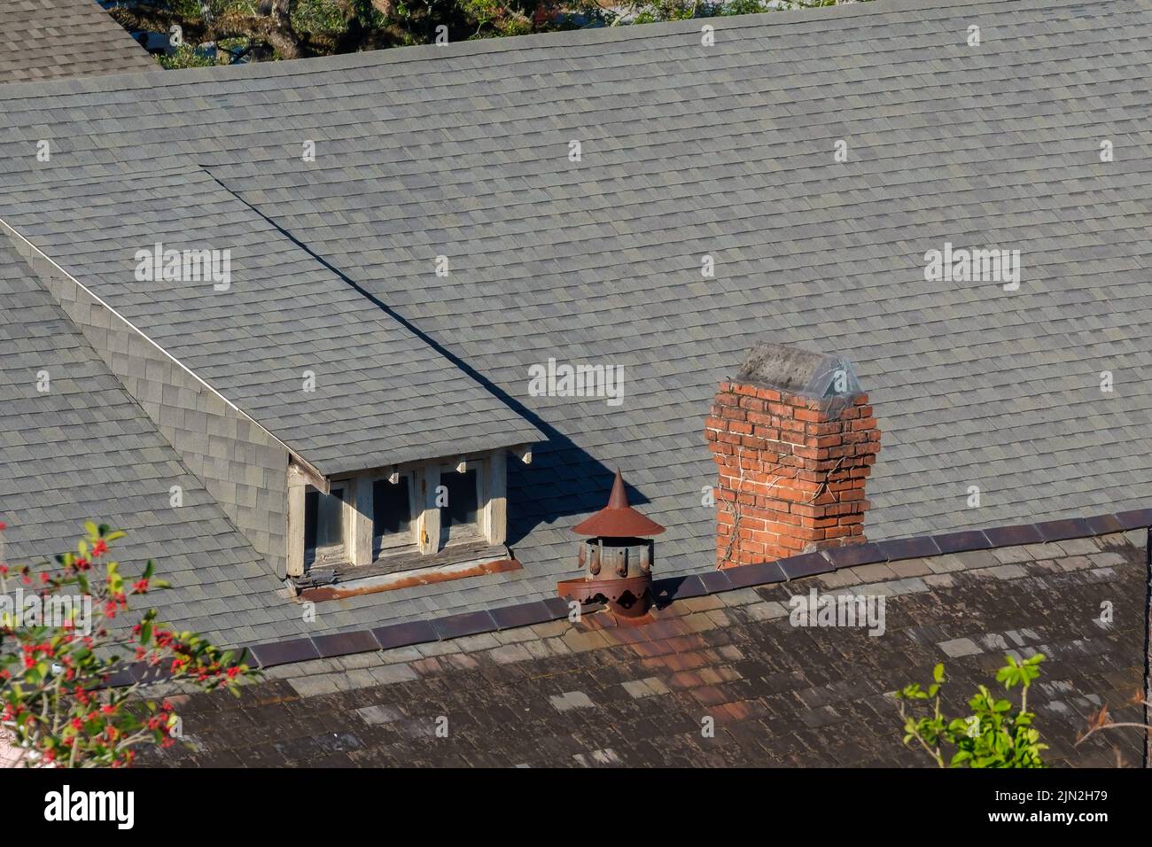 NEW ORLEANS, LA, USA - 13 GENNAIO 2022: Vista aerea del tetto della casa storica nel Garden District con camini d'epoca e finestra dormer Foto Stock