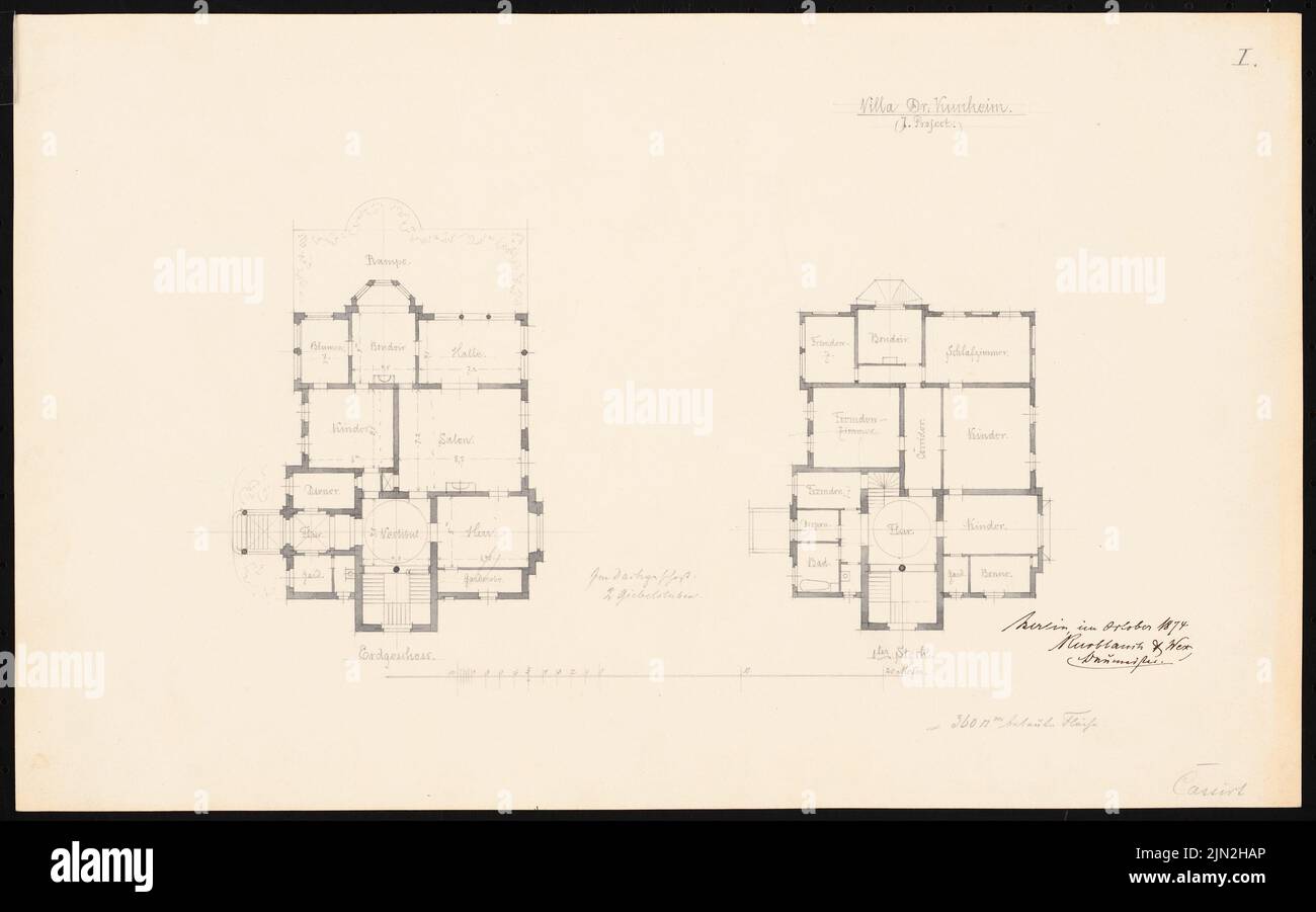 Knoblauch Gustav (1833-1916), Villa Kunheim, Berlino-Niederschönweide: Grundriss EG e 1st piano. Matita acquerello su carta, 28,9 x 46,3 cm (inclusi i bordi di scansione) Foto Stock