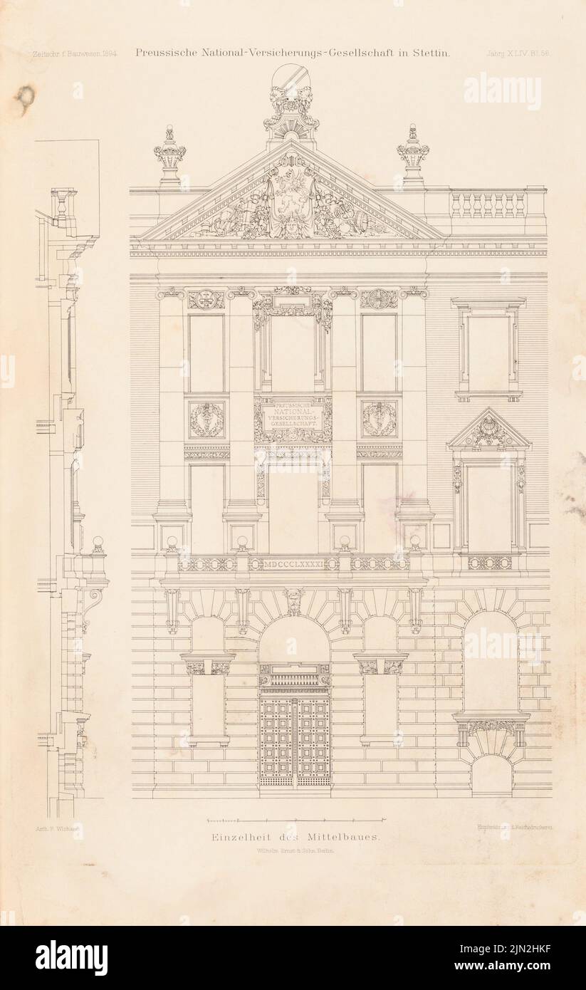 Wichards Franz (1856-1919), Prussian National Insurance Society, Szczecin. (Da: Atlas alla rivista for Building, ed. V. Ministero del lavoro pubblico, Jg. 44, 1894): Vista facciata, taglio. Cucitura su carta, 42,5 x 26,9 cm (inclusi i bordi di scansione) Foto Stock