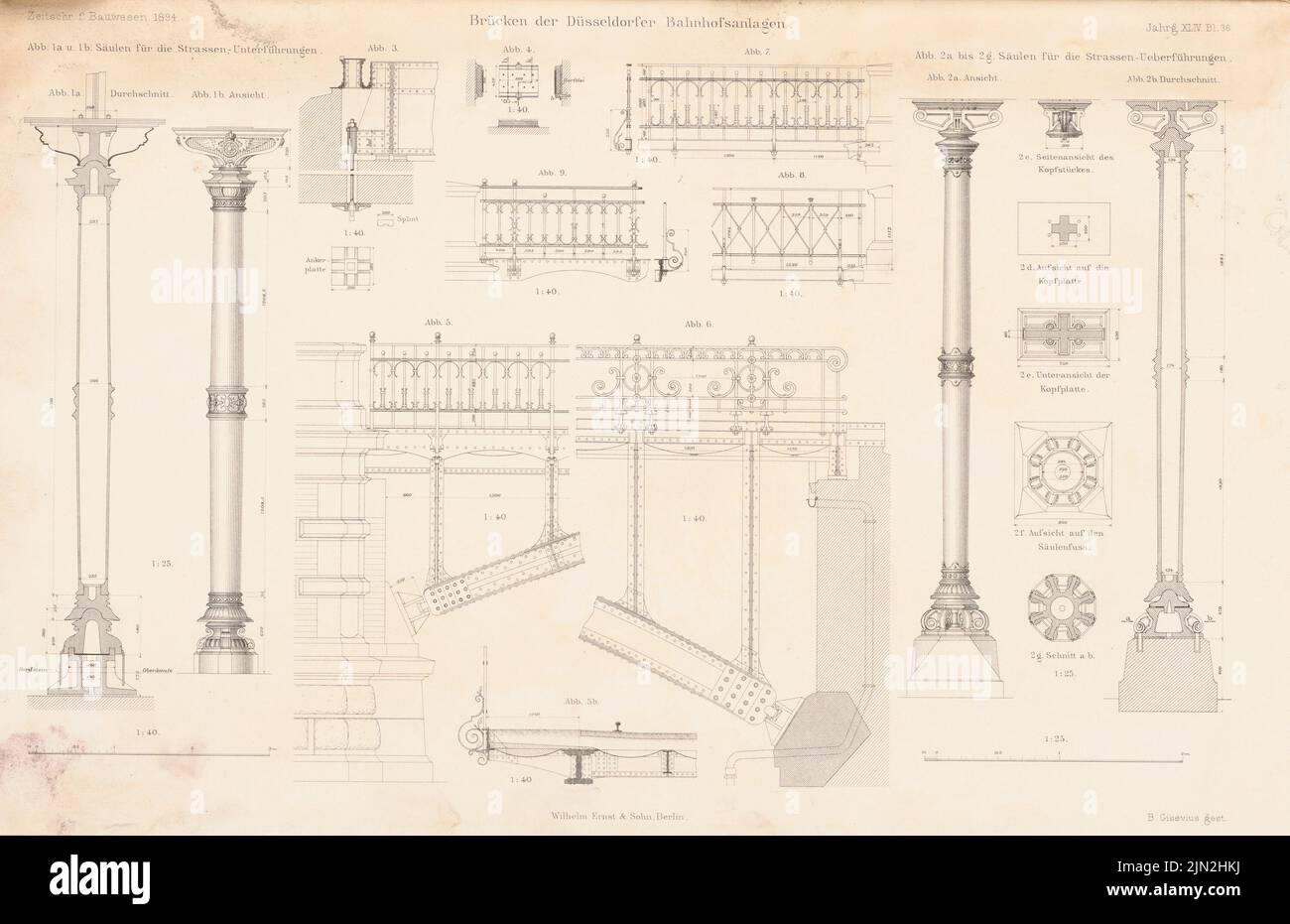 N.N., Bahnhof, Düsseldorf. (Da: Atlas alla rivista for Building, ed. V. Ministero dei lavori pubblici, Jg. 44, 1894): Dettagli 1:40, 1:25. Cucitura su carta, 27,5 x 42,4 cm (inclusi i bordi di scansione) Foto Stock