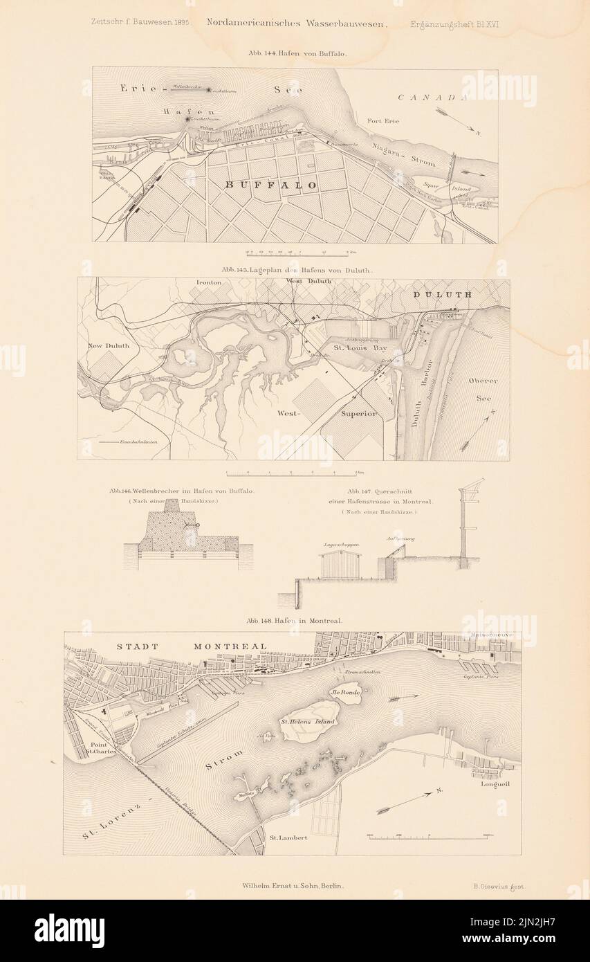 N.N., ingegneria idraulica del Nord America. (Da: Atlas alla rivista for Building, ed. V. Ministero del lavoro pubblico, Jg. 45, 1895, libretto supplementare): Regolamento a St. Lorenz-Strom, Hafen Buffalo, Duluth, Montreal. Cucitura su carta, 42,9 x 28,2 cm (inclusi i bordi di scansione) Foto Stock