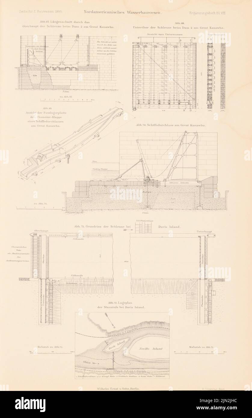 N.N., ingegneria idraulica del Nord America. (Da: Atlas alla rivista for Building, ed. V. Ministero del lavoro pubblico, Jg. 45, 1895, libretto supplementare): Regolamento sull'Ohio. Cucitura su carta, 43,5 x 28 cm (inclusi i bordi di scansione) Foto Stock