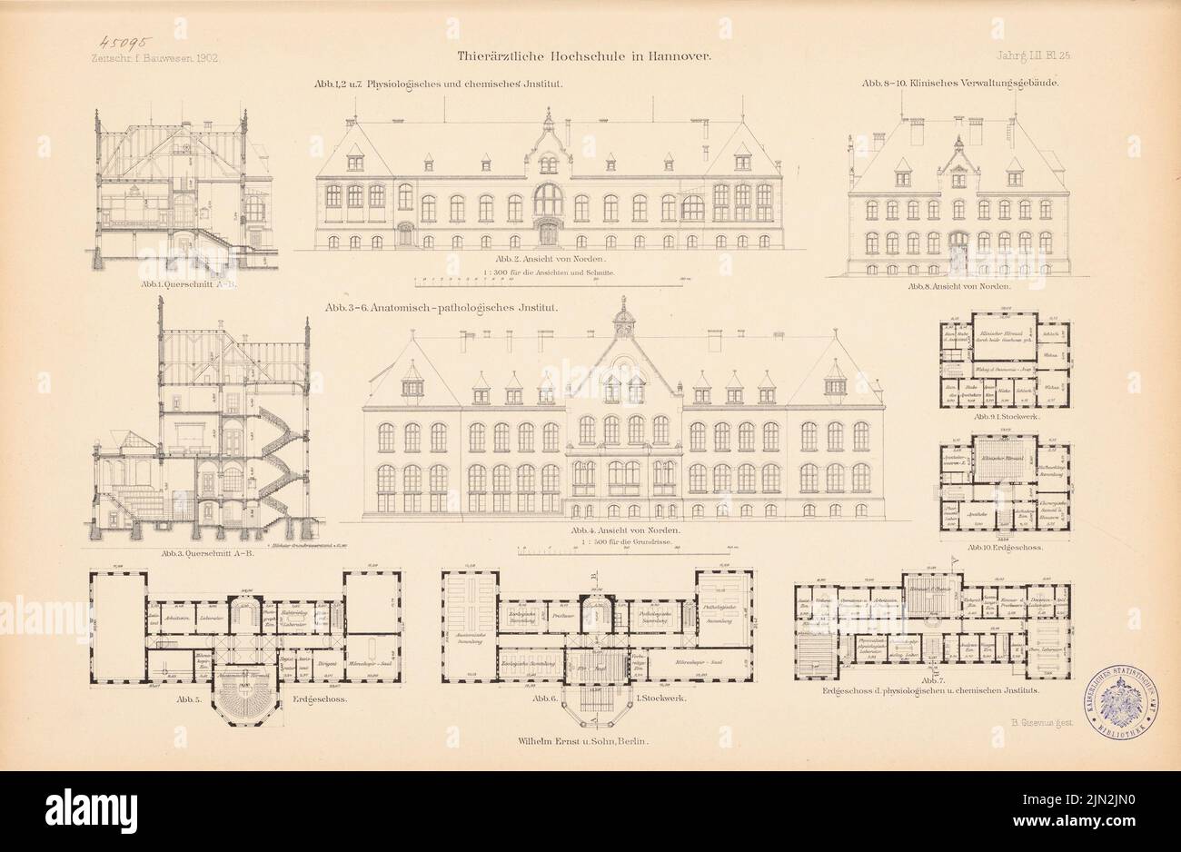 N.N., Università veterinaria di Hannover. (Da: Atlas alla rivista for Building, ed. V. Ministero del lavoro pubblico, Jg. 52, 1902): Istituto fisiologico-chimico, Istituto Anatomico-patologico: Viste, planimetrie, tagli 1: 500, 1: 300. Cucitura su carta, 29,7 x 45,4 cm (inclusi i bordi di scansione) Foto Stock