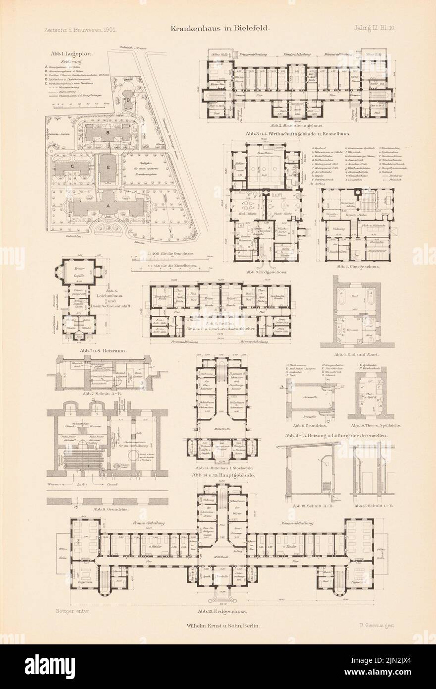 Böttger Paul (1851-1933), ospedale, Bielefeld. (Da: Atlas alla rivista for Building, ed. V. Ministero del lavoro pubblico, Jg. 51, 1901): pianta del sito, planimetrie 1: 400, dettagli 1: 150. Cucitura su carta, 44 x 29,8 cm (inclusi i bordi di scansione) Foto Stock