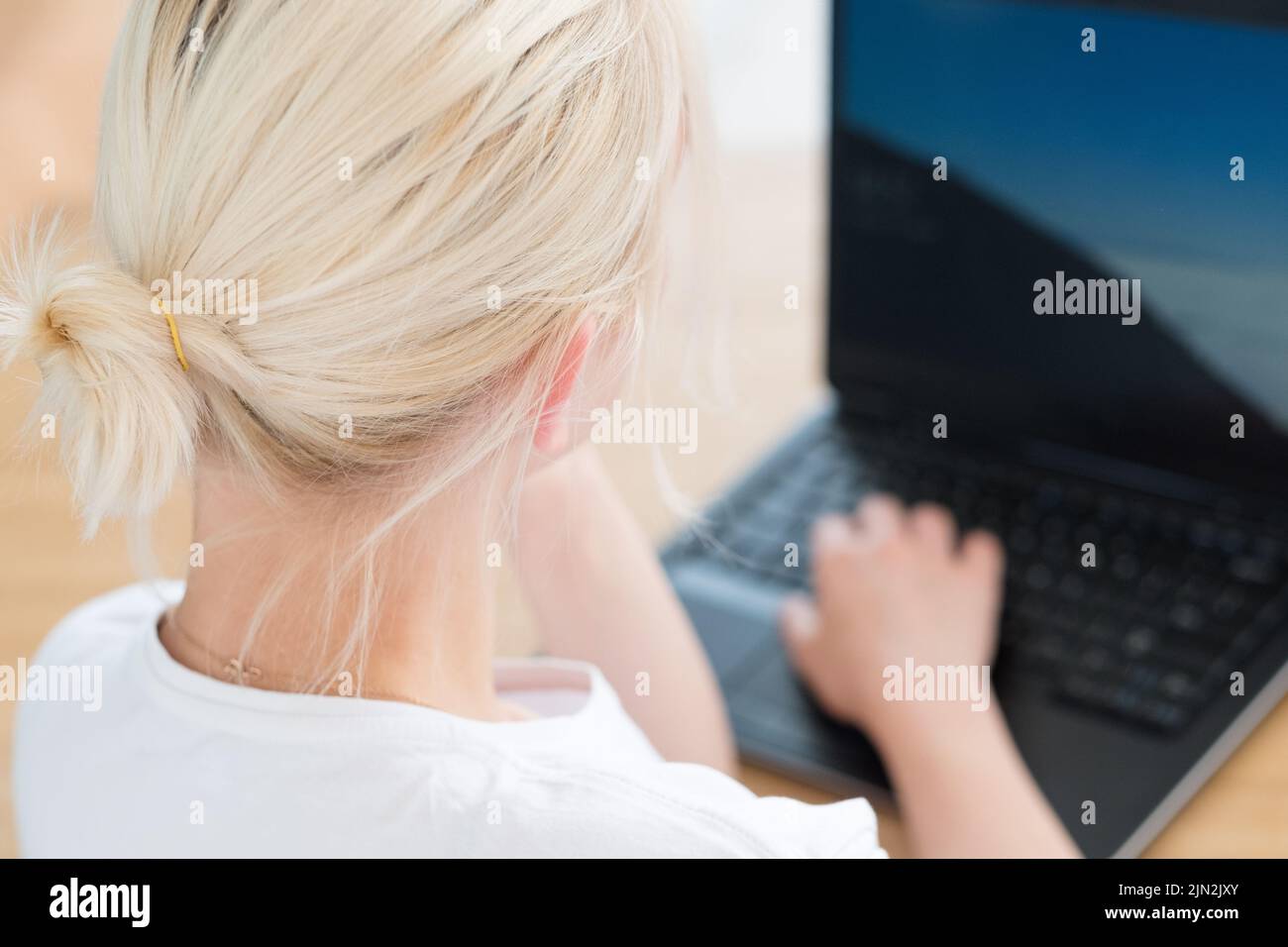 donna che digita notebook online lavoro remoto freelance Foto Stock