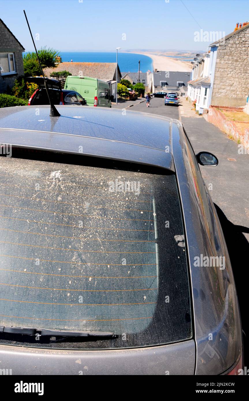 Portland. 8th agosto 2022. Meteo Regno Unito. Le auto vengono rapidamente coperte di polvere di cava sull'isola di Portland, in assenza di pioggia per lavarla. Se si trattasse di un'auto rubata o abbandonata, la polizia avrebbe un sacco di impronte digitali per andare avanti! Credit stuart fretwell/Alamy Live News Foto Stock