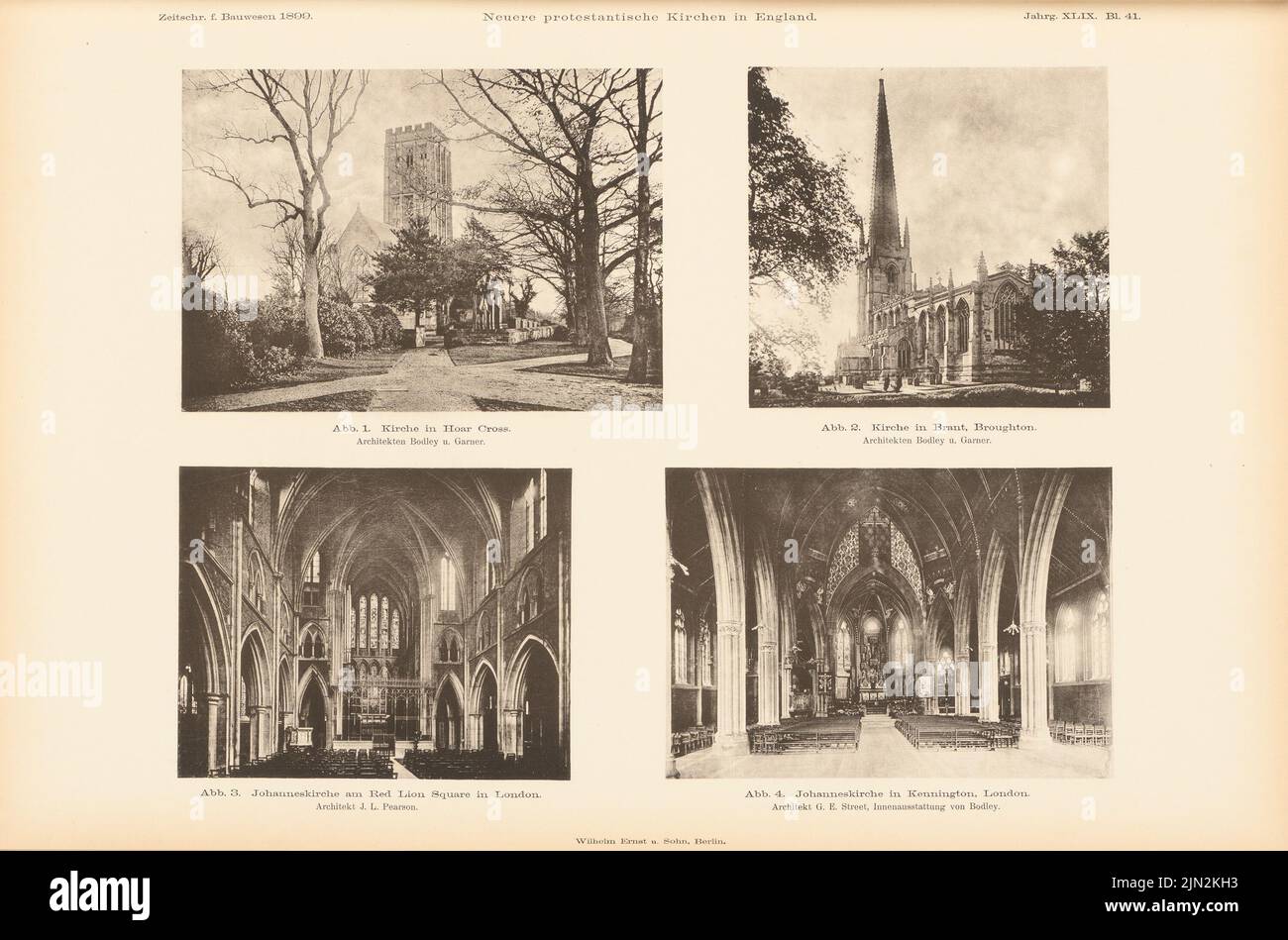 Street George Edmund (1824-1881), nuove chiese protestanti in Inghilterra. (Da: Atlas alla rivista for Building, ed. V. Ministero dei lavori pubblici, Jg. 49, 1899): Viste e vedute interne delle chiese di Hoar Cross, Broughton e Londra. Pressione sulla carta, 28,4 x 42,9 cm (inclusi i bordi di scansione) Foto Stock