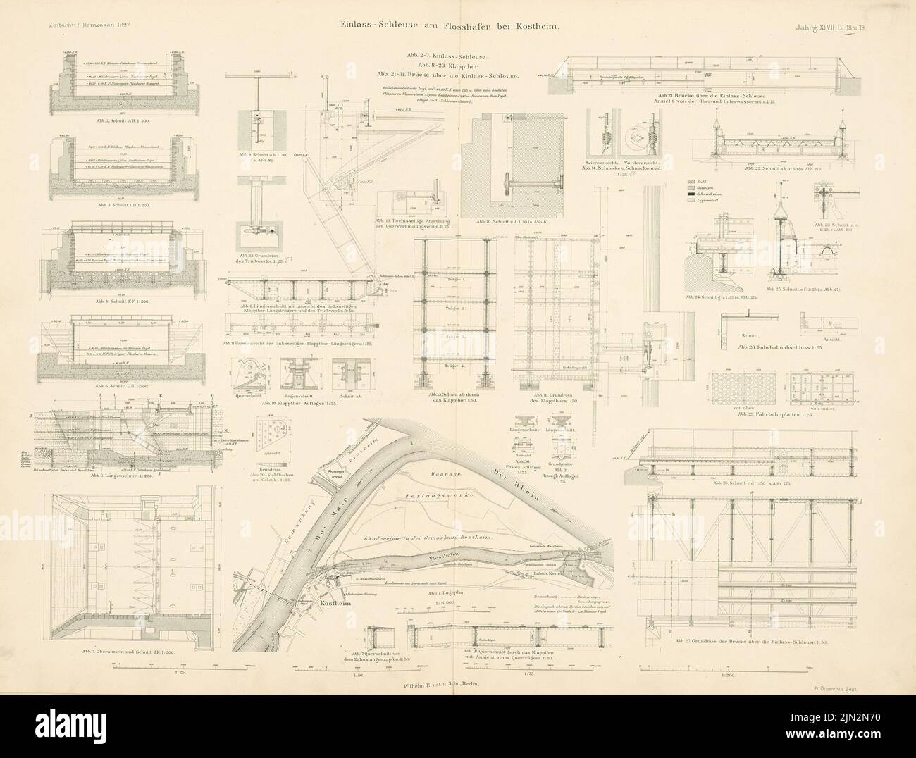 Mainanizzazione. Floßhafen, Kossheim: Serratura e ponte di ingresso: Piano di reparto 1: 10000, viste, piani, tagli 1: 200, 1,50, 1:25 (da: Atlante alla rivista per l'edilizia, ed.)) Foto Stock