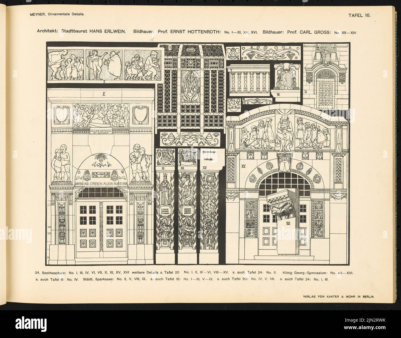 Hans Erlwein (come architetto): Martin-Andersen-Nexö-Gymnasium; König Georg-Gymnasium and Municipal Sparkasse, Dresda (da: Dettagli ornamentali dell'architettura moderna, ed. Friedrich Meyner) Foto Stock