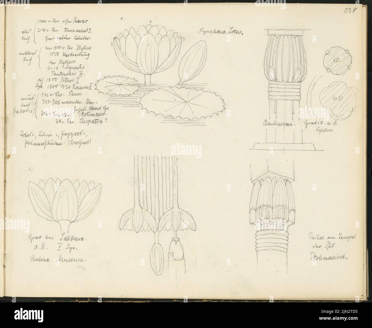 Sketchbook 4: Ornamento e studi architettonici, Vecchio Reich: 3200 ac. chr. [...], 2130 ac chr. [...] IO, [...] Entrambi i paesi; Regno di mezzo: Circa 1800 AC Chr. hyksos, 1550 espulsione, la dinastia hyksos 18 - 19th, Thutmosis III., 19th Dinastia 1350 Sethos i, 1300 - 1 [...] 30 Ramses II; nuovo Reich: (Circa 500 - 30) 346 ac. bc ocos, 333 - 306 [...] Ober sovranità [...], 306-30 contro ac pttolomaer, 30 ac chr. Cleopatra I. a) ymphaea lottus, lotti, lilie pa [...] (Borcht) beni Hassan Grab 17. M. R. [...], grave vicino a A. R. 5. Dynasty Bulina Museo, Philae sul Tempio de [...] è ptolemaisch Foto Stock