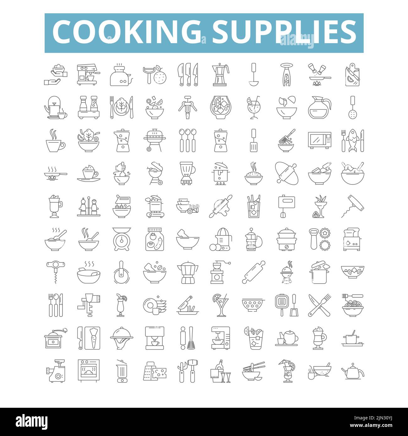 Icone dei materiali da cucina, simboli di linea, cartelli web, set vettoriale, illustrazione isolata Illustrazione Vettoriale