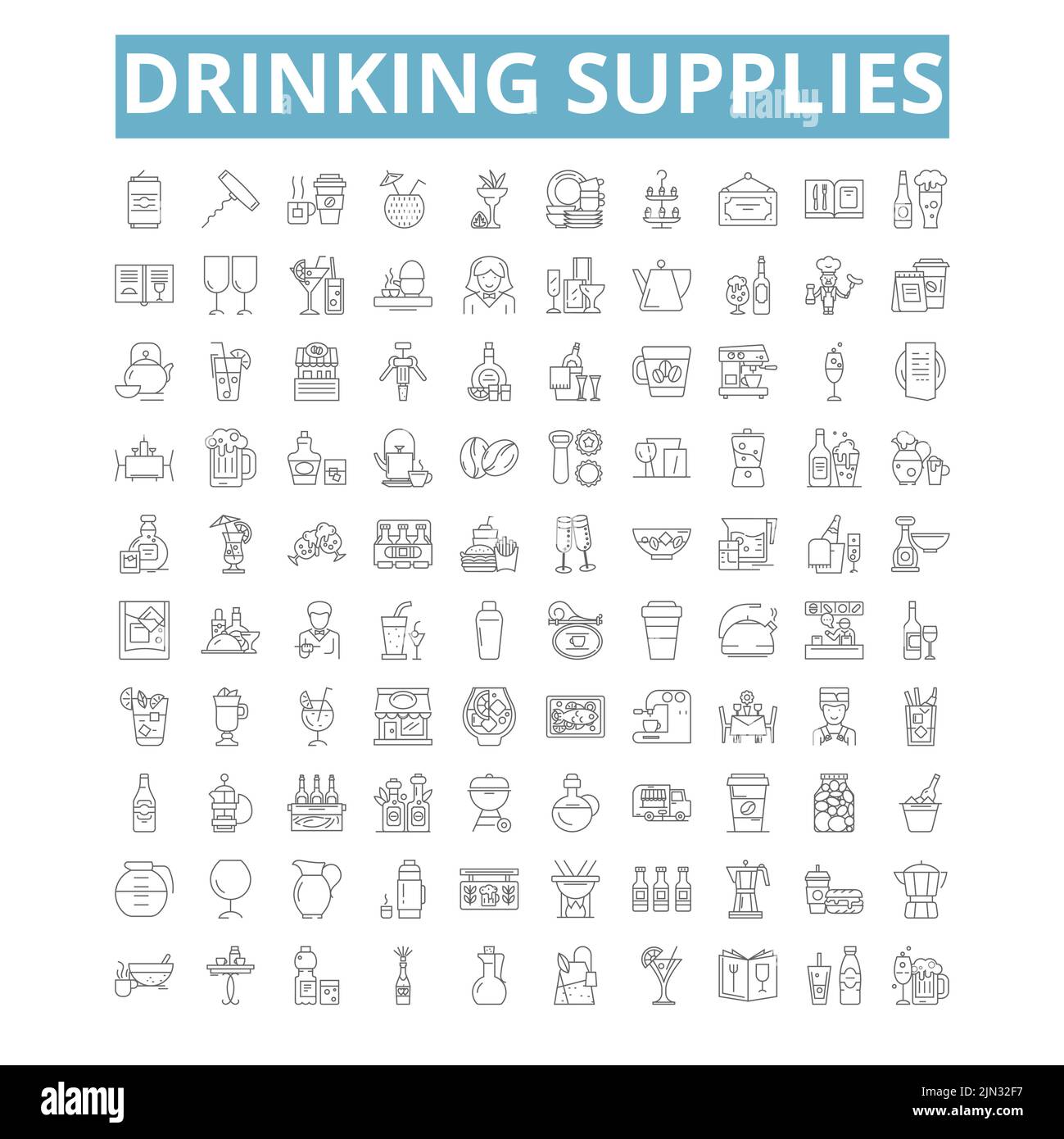 Icone dei materiali di consumo per bevande, simboli di linea, segni web, set vettoriale, illustrazione isolata Illustrazione Vettoriale