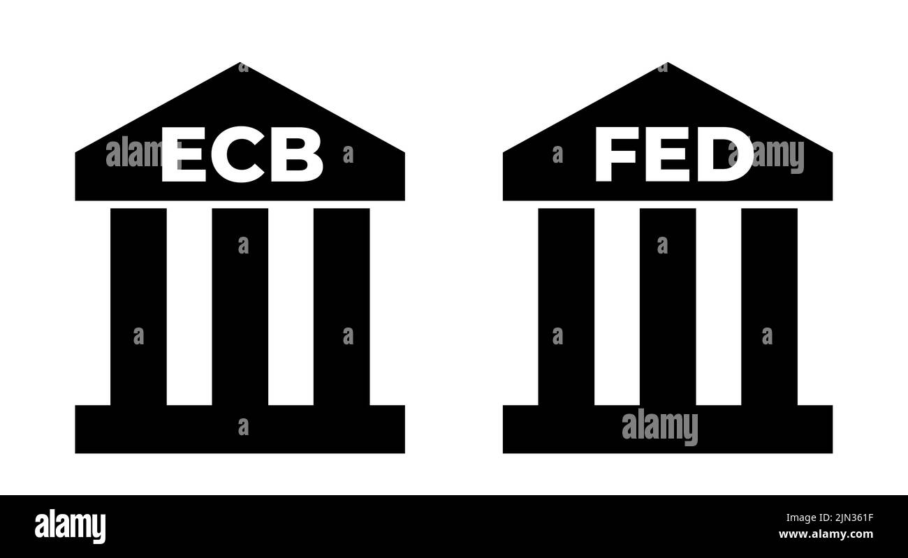FED e BCE. Banca centrale europea e Banca della Federal Reserve - edificio classicista con testo. Banca centrale e istituto finanziario nazionale negli USA AN Foto Stock