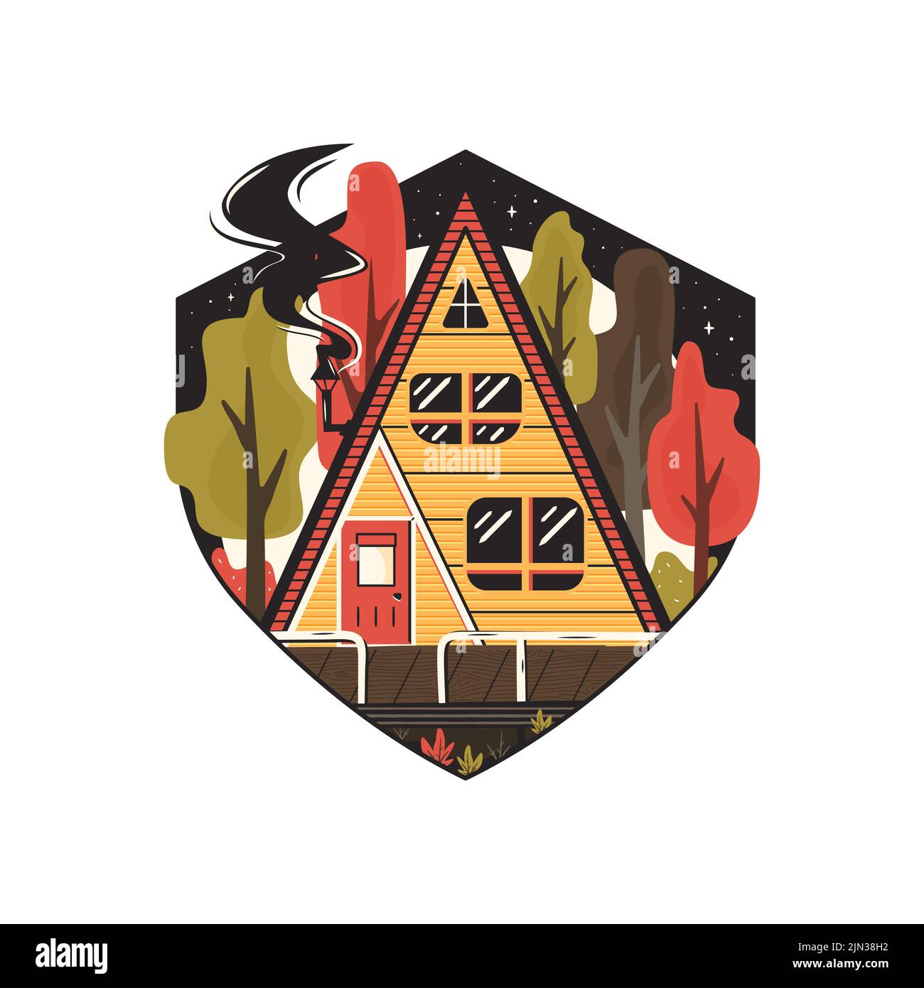 Illustrazione vettoriale di accogliente casa di campagna circondata da autunns alberi posti sotto il cielo stellato notte. Illustrazione Vettoriale