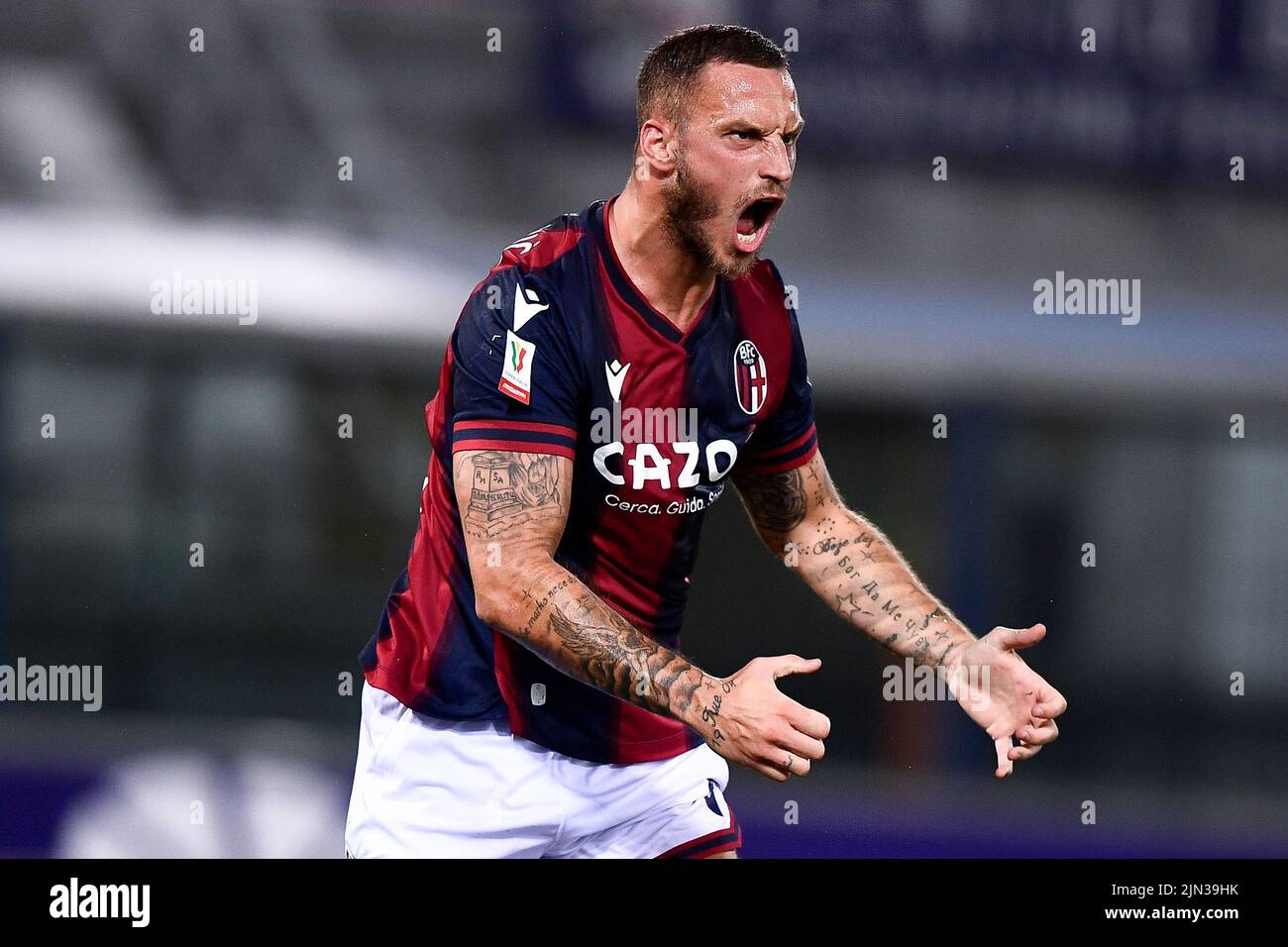 Bologna, Italia. 08 agosto 2022. Marko Arnautovic del Bologna FC reagisce durante la partita di calcio Coppa Italia tra Bologna FC e Cosenza Calcio. Credit: Nicolò campo/Alamy Live News Foto Stock