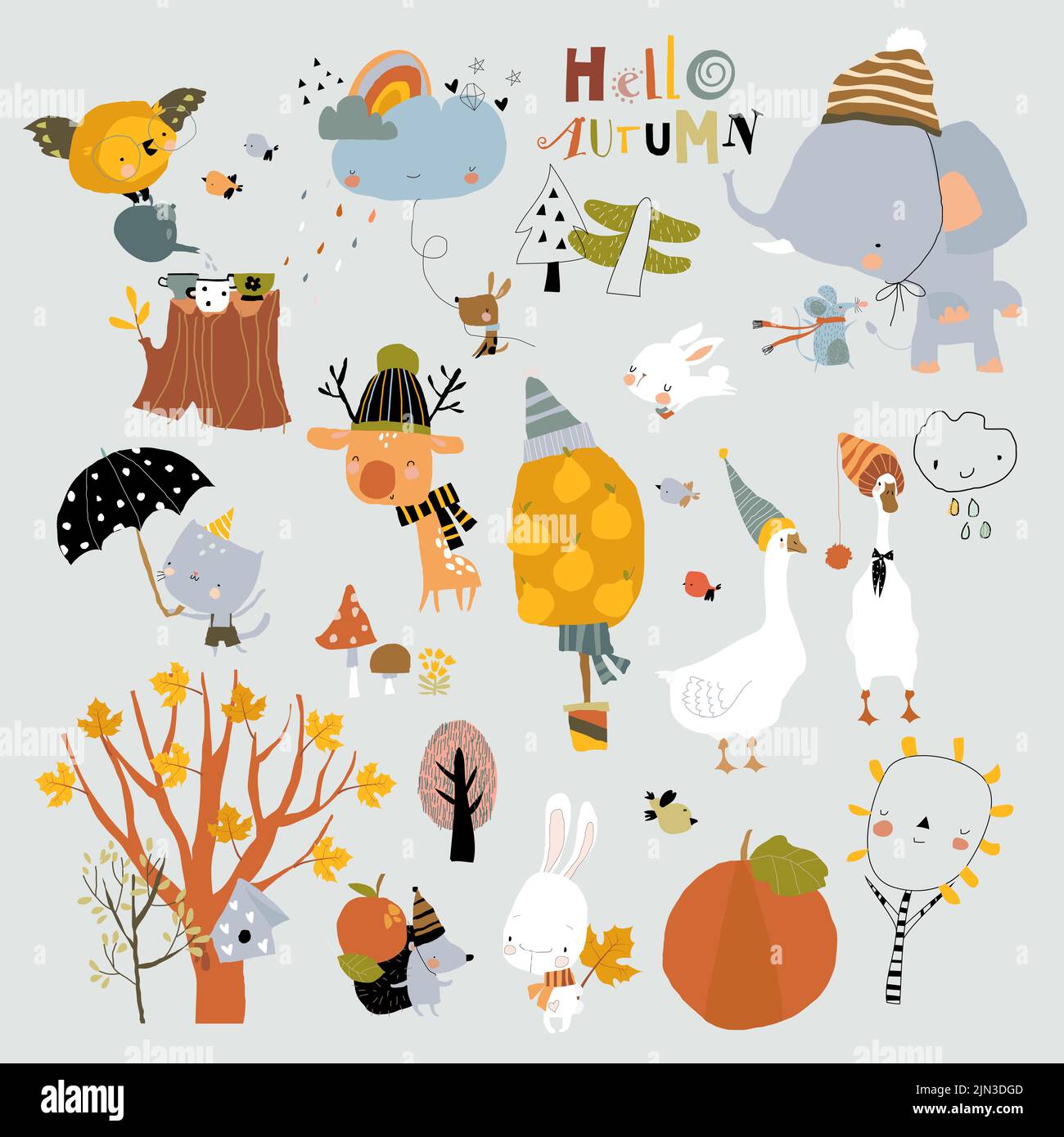 Set di fumetti d'autunno con animali e alberi divertenti Illustrazione Vettoriale