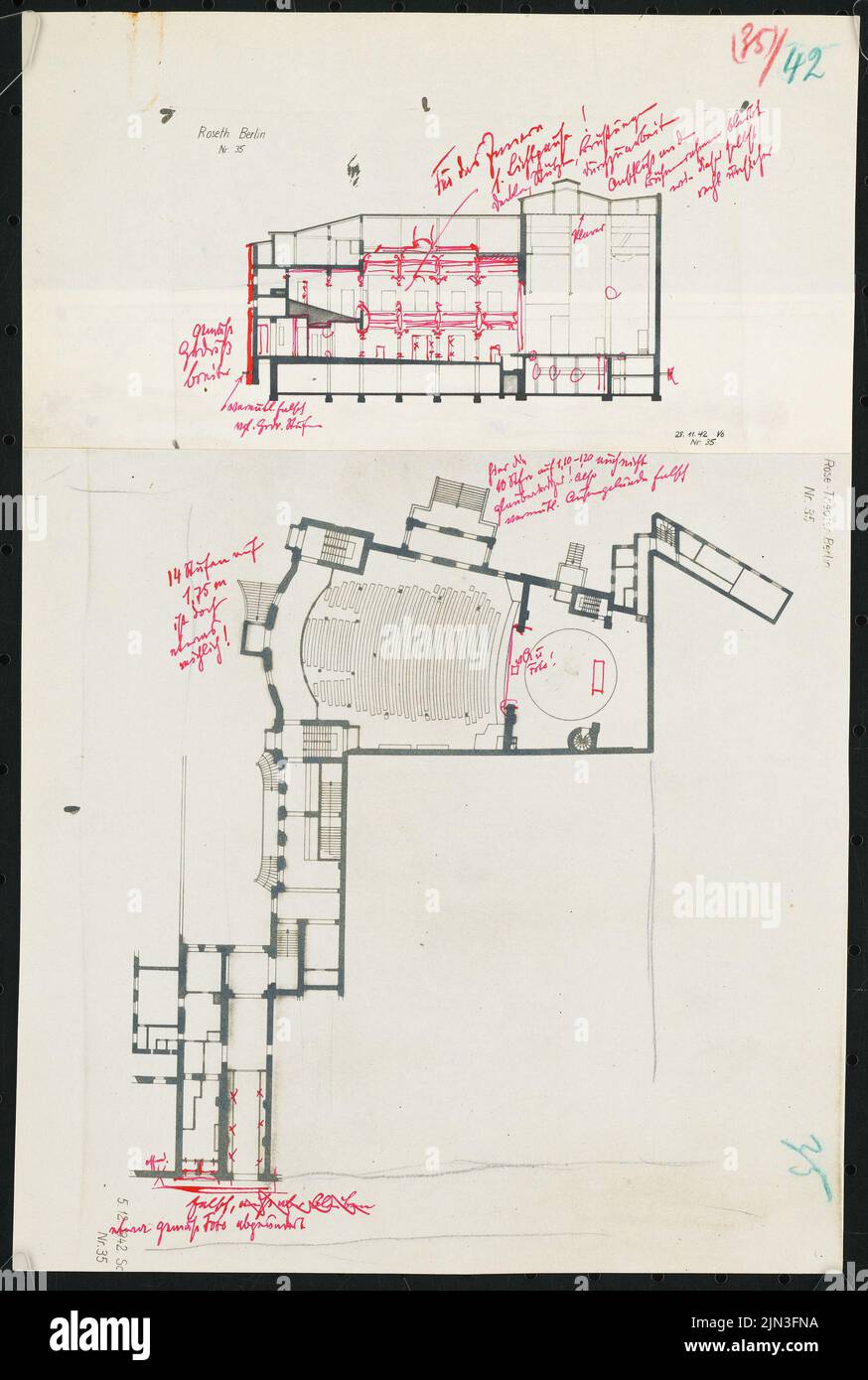 Rose Theatre (anche: Ostend Theatre, anche: Carl-Weiß-Theatre), Berlino: Pianta e sezione longitudinale Foto Stock