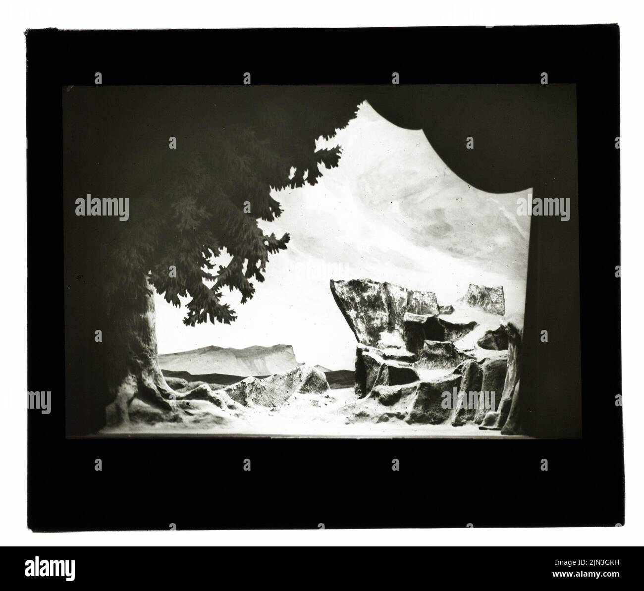 Scenografica: La Valkyrie, Bayreuth: Visualizza scenografica, rock davanti all'albero Foto Stock