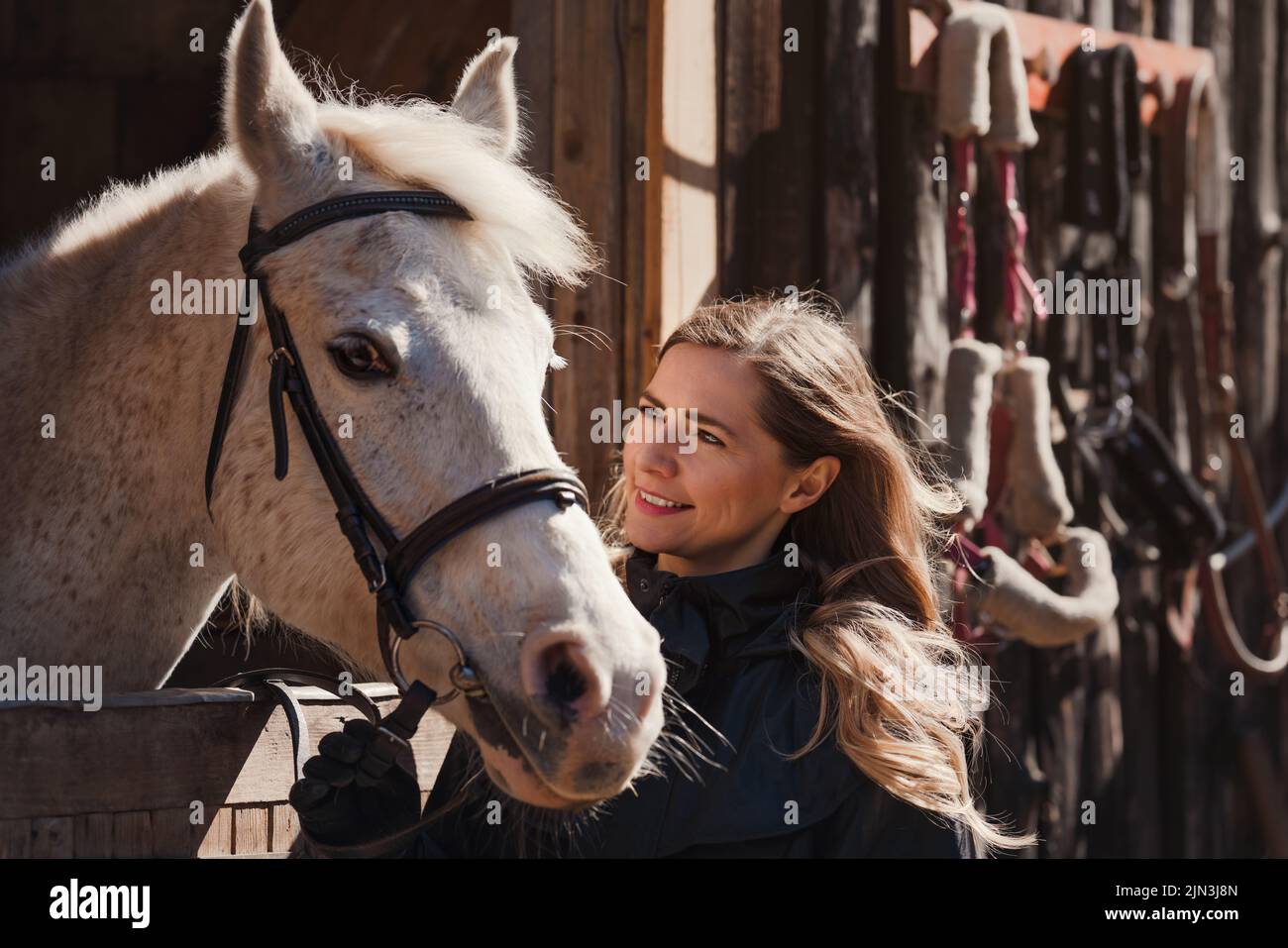 Giovane donna in piedi accanto al cavallo arabo bianco che riposa in una scatola di scuderie di legno, il sole splende su di loro, primo piano dettaglio Foto Stock