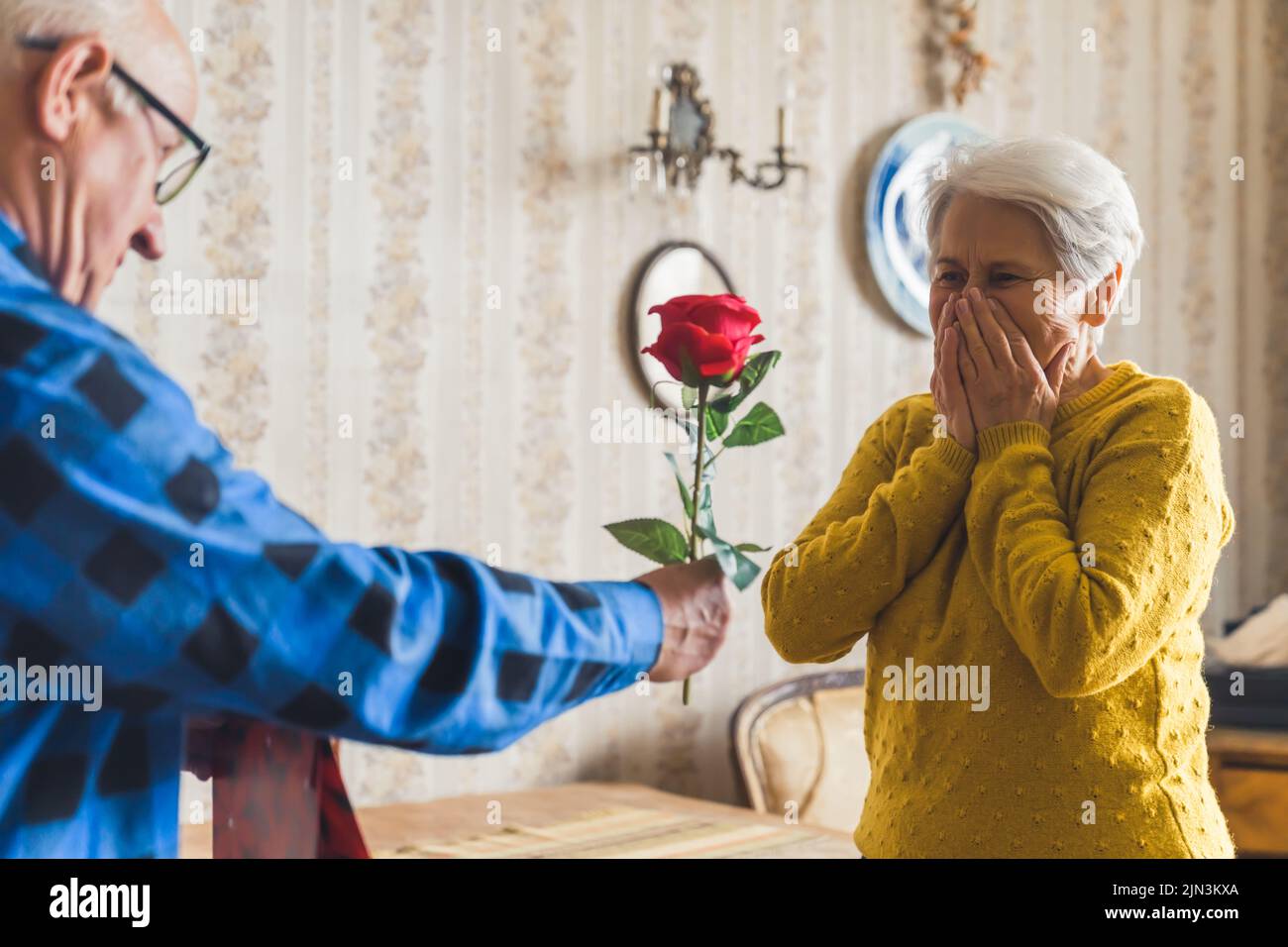 Amorevole marito anziano caucasico che sorprende sua moglie con una rosa rossa e una borsa regalo il giorno di San Valentino. Una sorpresa inaspettata per una donna. Foto di alta qualità Foto Stock