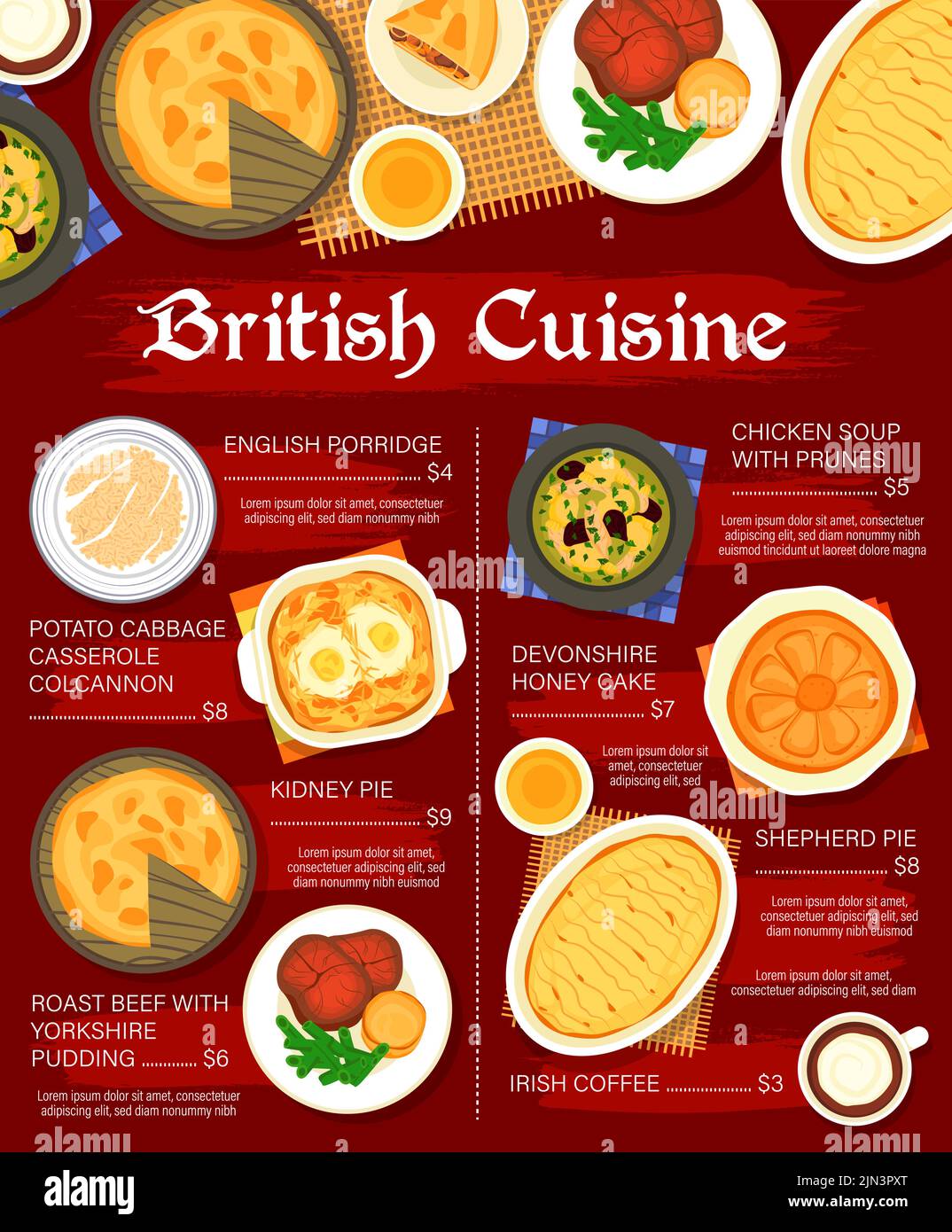 Menu di cucina britannica, piatti inglesi per colazione e pranzo, poster vettoriale del ristorante. Tradizionale cibo britannico porridge, patate e cavolo casseruola con torta di rene e torta al miele Devonshire Illustrazione Vettoriale