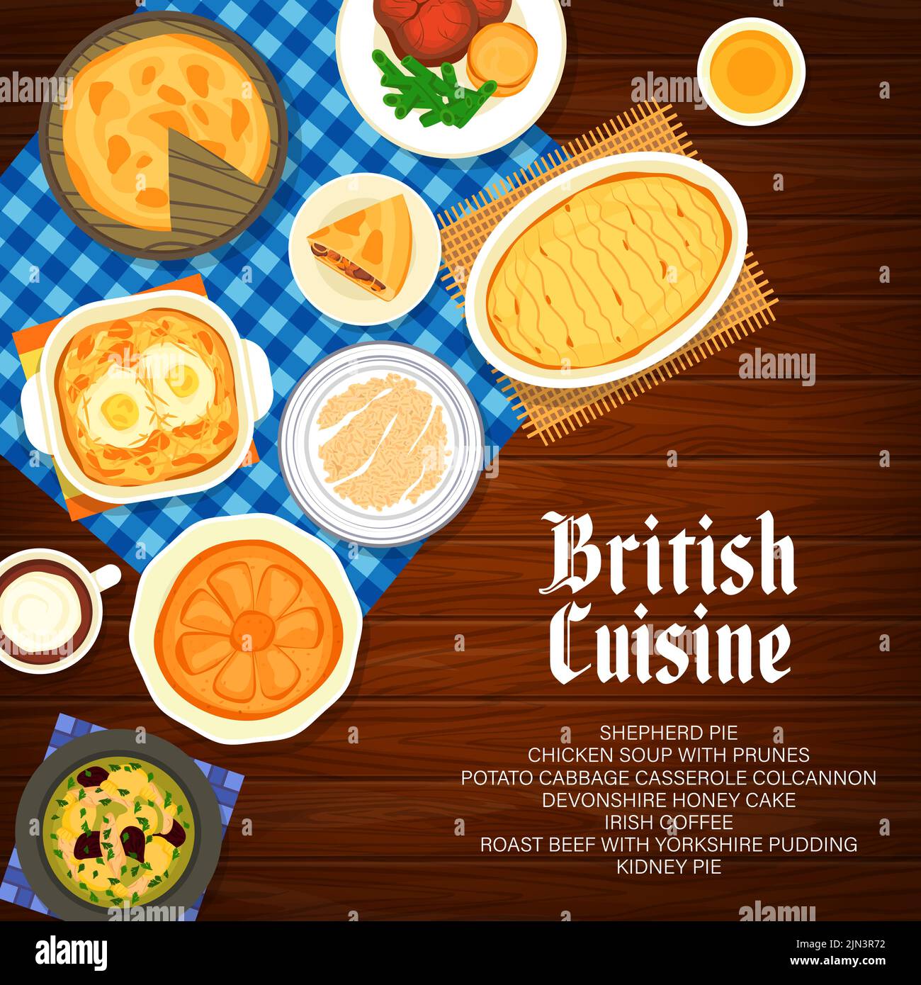 Cucina britannica, copertura del menu del ristorante, piatti inglesi, colazione e pranzo, poster vettoriale. Tradizionale porridge britannico e caffè irlandese, budino dello Yorkshire e torta al miele del Devonshire Illustrazione Vettoriale