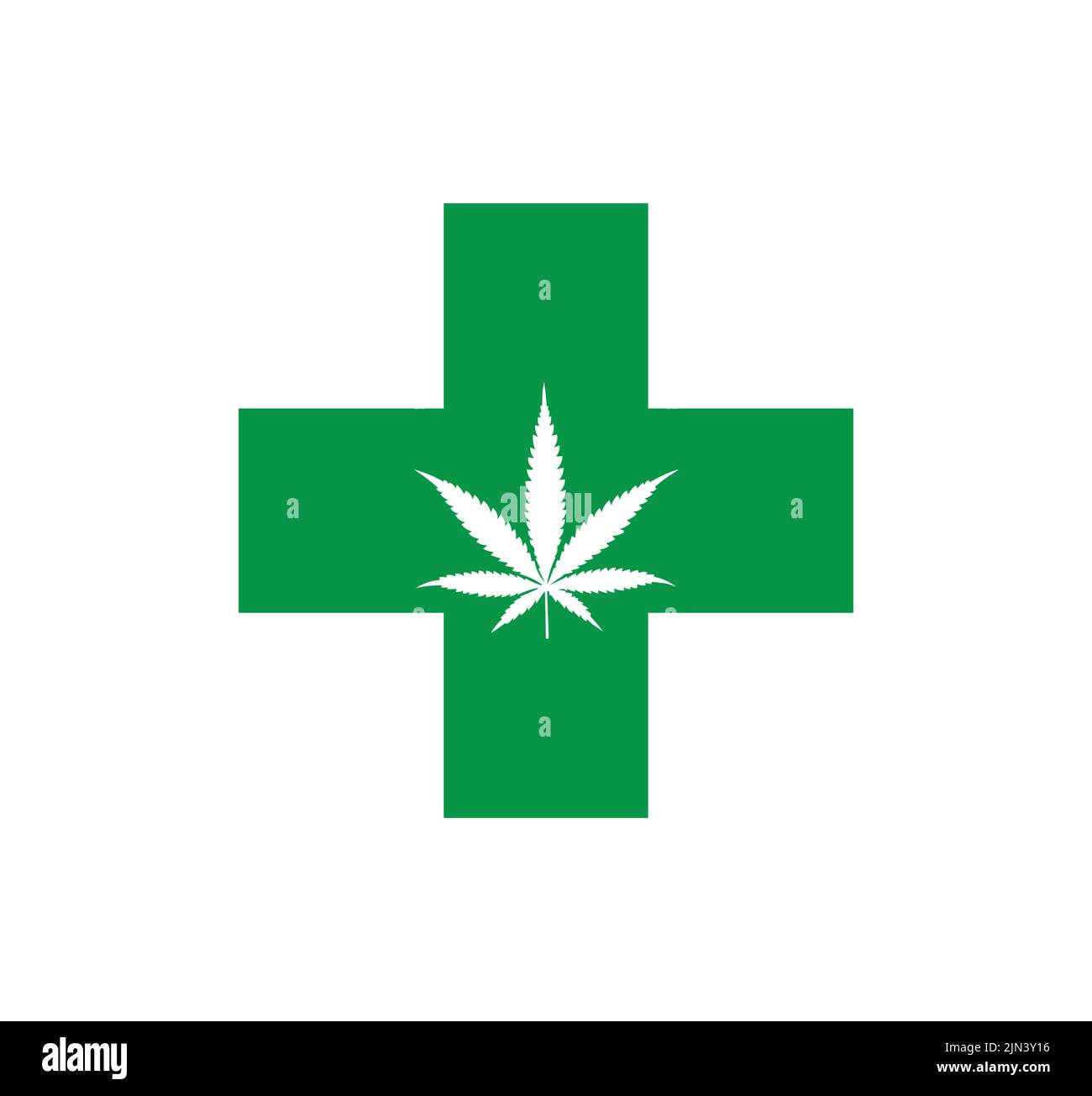 Croce verde e foglia di marijuana. Concetto di cannabis medicinale e di erbaccia terapeutica per la salute, la coltivazione e il CBD Illustrazione Vettoriale