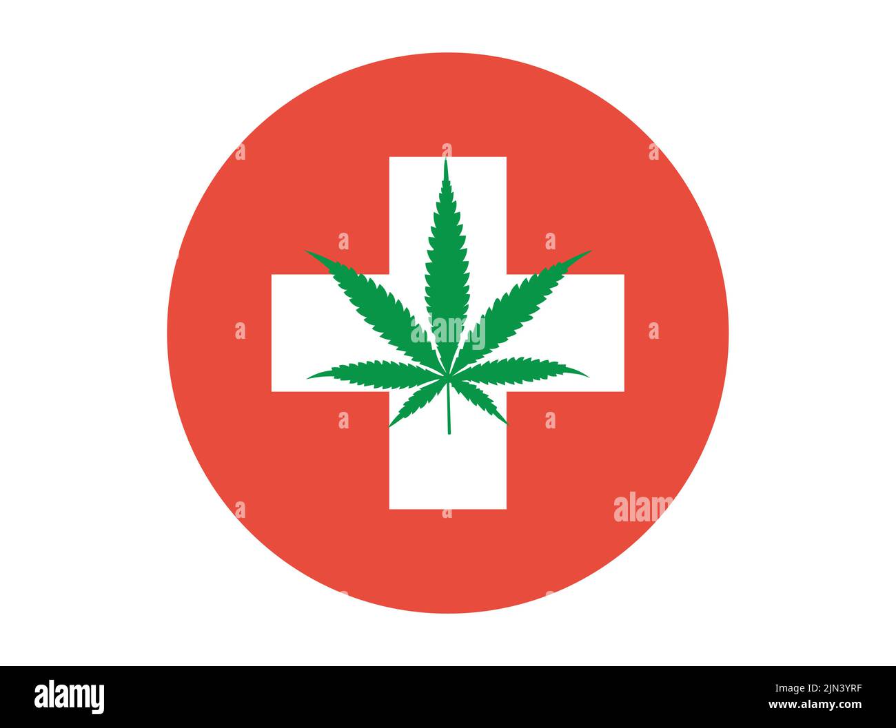 Foglia di marijuana su un'icona a forma di croce dell'ambulanza. Concetto di cannabis medicinale e di erbaccia terapeutica per la salute, la coltivazione e il CBD Illustrazione Vettoriale