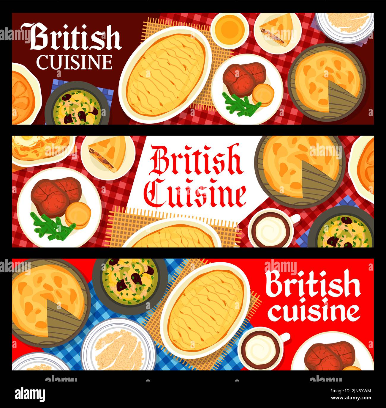 Striscioni di cibo britannico, piatti della cucina inglese, menu vettoriale dei pasti del ristorante. Tradizionale porridge per colazione Inglese, caffe' Irlandese e budino dello Yorkshire con roast beef, piatti per cena e pranzo Illustrazione Vettoriale