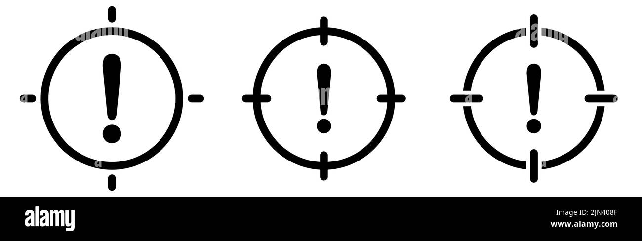 Punto esclamativo nel mirino di destinazione. Segnale di attenzione o di avvertenza Illustrazione Vettoriale