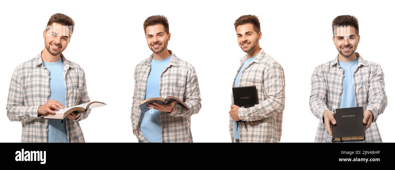 Insieme di giovane uomo con la Bibbia isolato su bianco Foto Stock