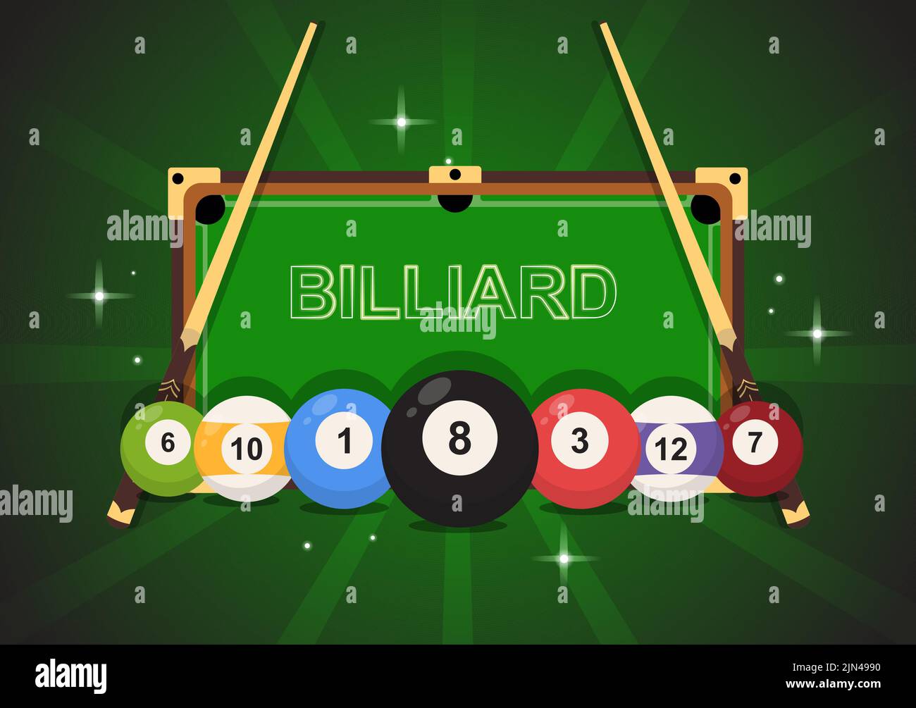 Illustrazione sfondo piatto Cartoon disegno a mano del gioco del biliardo con sala biliardo con bastone e palline da biliardo nel club sportivo Illustrazione Vettoriale