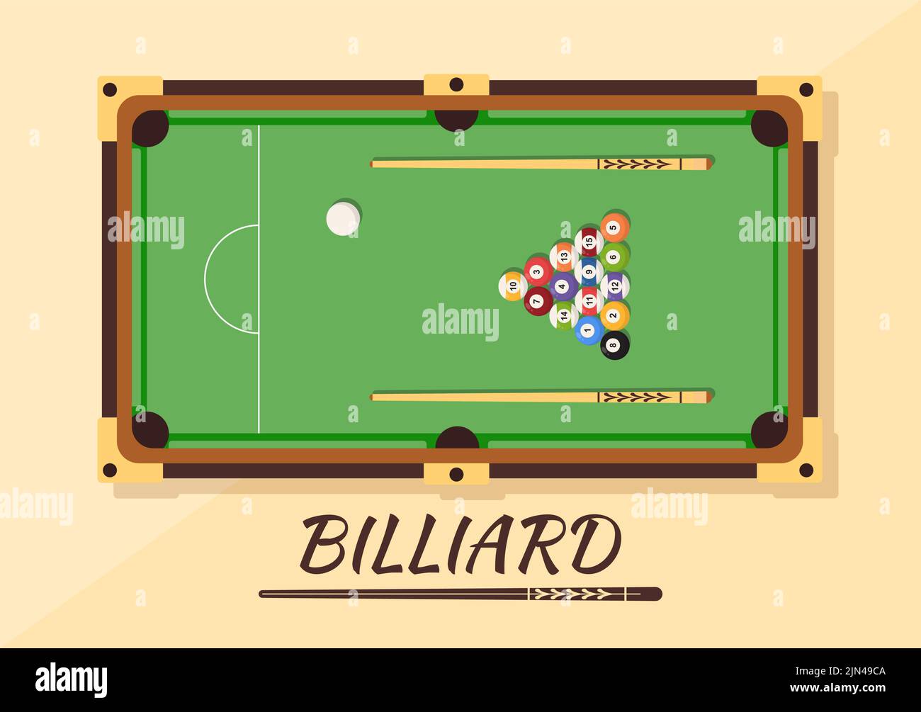 Illustrazione sfondo piatto Cartoon disegno a mano del gioco del biliardo con sala biliardo con bastone e palline da biliardo nel club sportivo Illustrazione Vettoriale