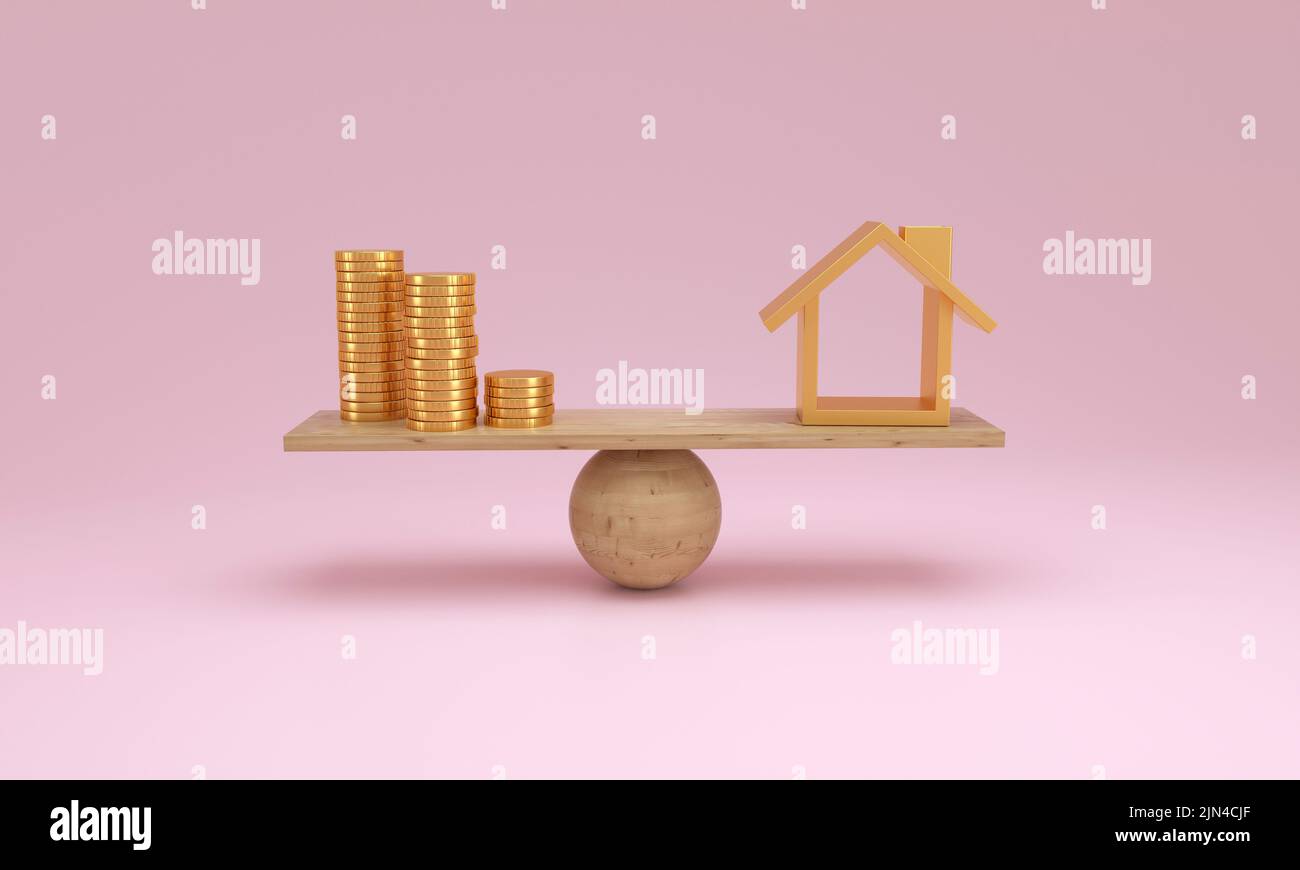Moneta d'oro e casa d'oro su scala di bilanciamento su sfondo rosa. Investimento ipotecario di affari del bene immobile e concetto di prestito finanziario. 3D rendering. Foto Stock