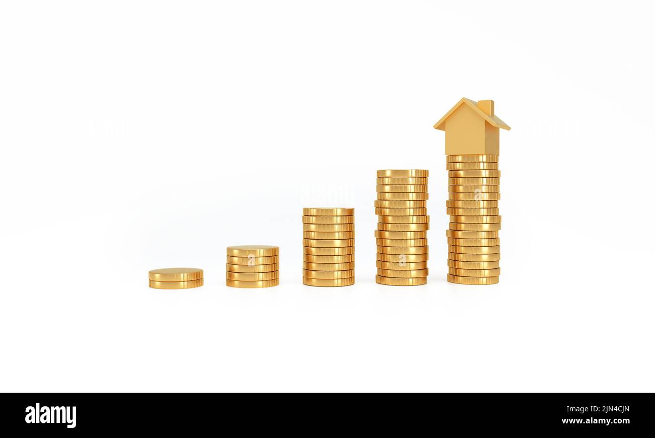 Modello della casa sulla parte superiore della pila di monete su sfondo bianco. Concetto di crescita del mercato immobiliare. 3D rendering. Foto Stock