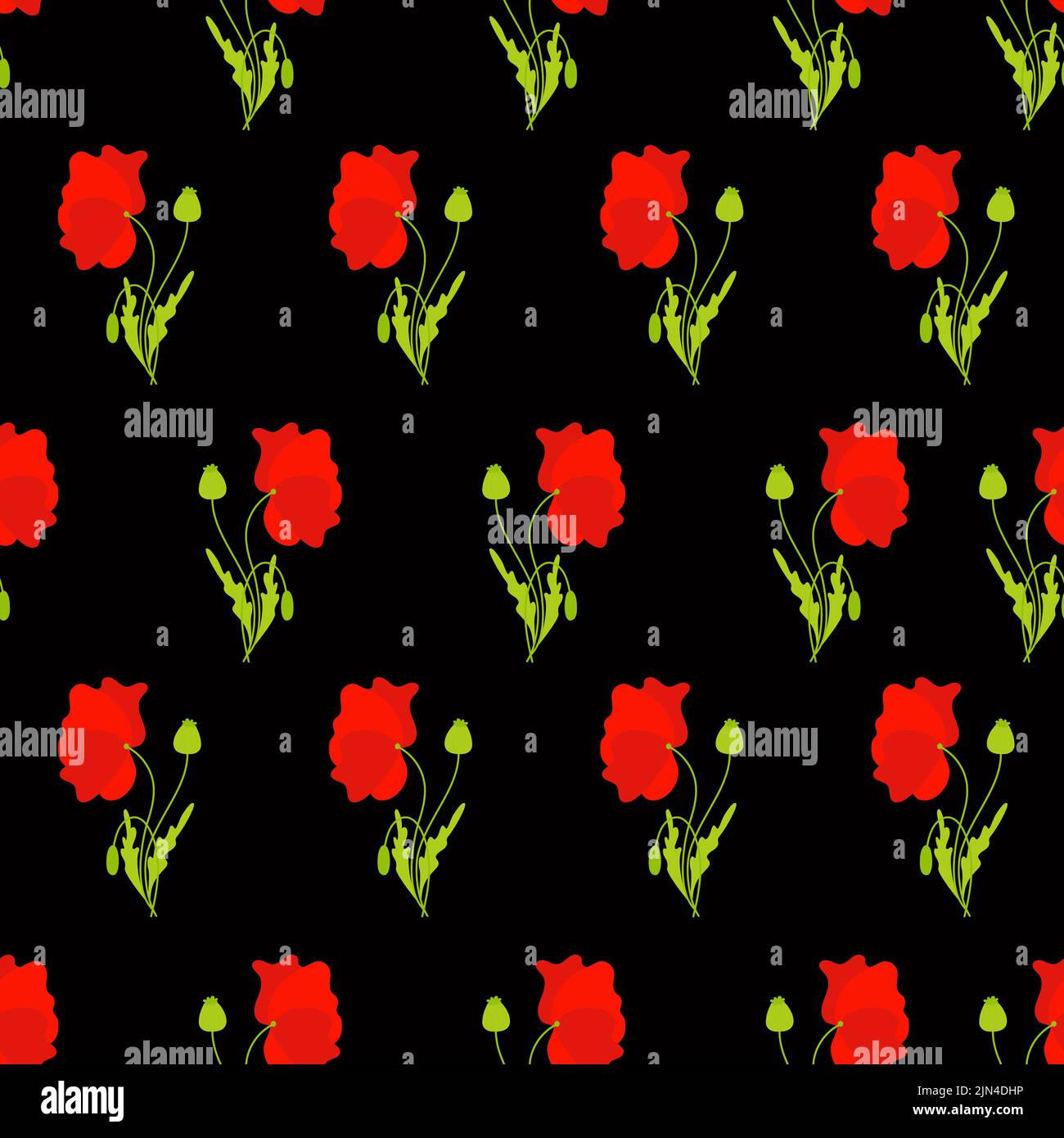 Ripetizione senza giunture. Papaveri rossi con germogli e foglie su sfondo nero. Illustrazione vettoriale. Motivo botanico con fiori di papavero per arredamento, design, p Illustrazione Vettoriale
