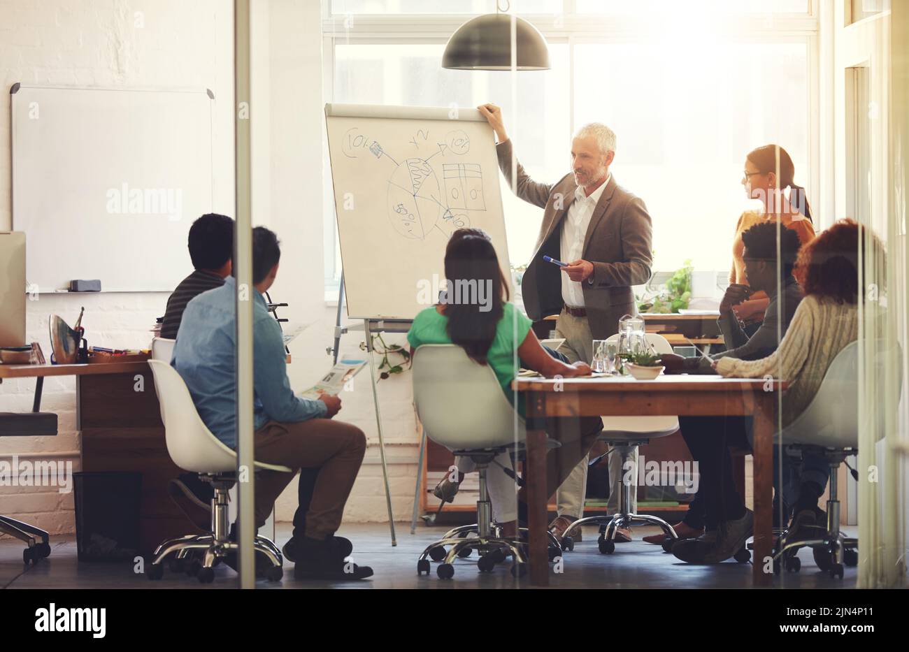Gruppo di colleghi diversi che si allenano in una riunione di consiglio in un ufficio o workshop moderno. Uomini d'affari che ascoltano il capo di affari o l'addestratore Foto Stock