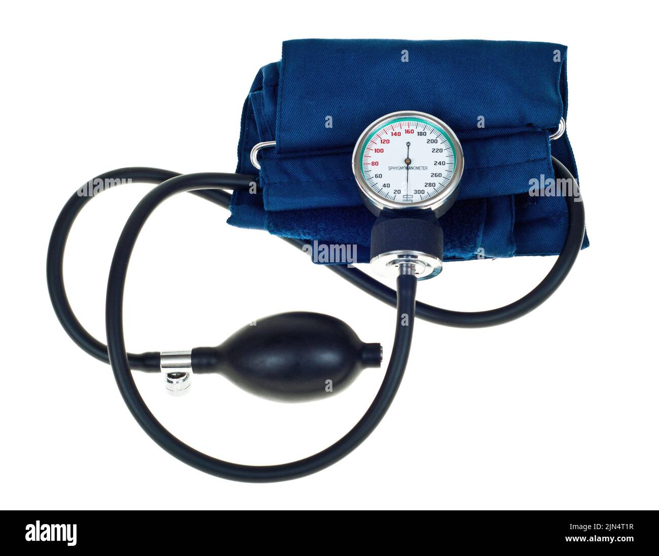 Tonometro su sfondo bianco. Misurazione della pressione sanguigna. Foto Stock
