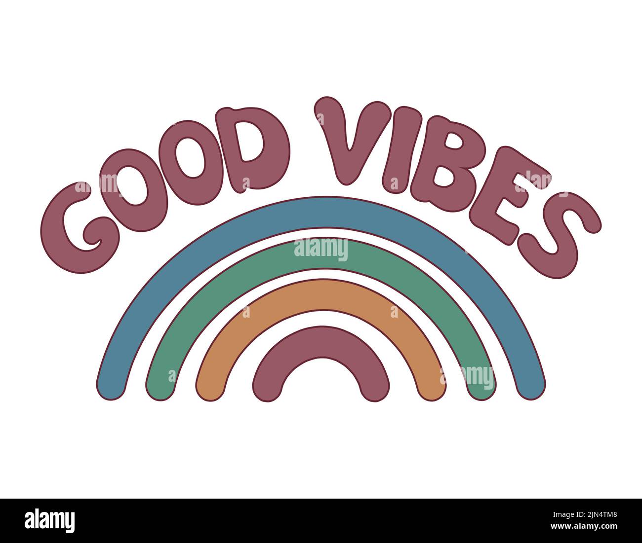Arcobaleno groovy e buone vibes scritte isolate. Illustrazione vettoriale dello slogan in stile vintage trendy. Buone vibrazioni frase disegnata a mano. Positivo 70s po Illustrazione Vettoriale