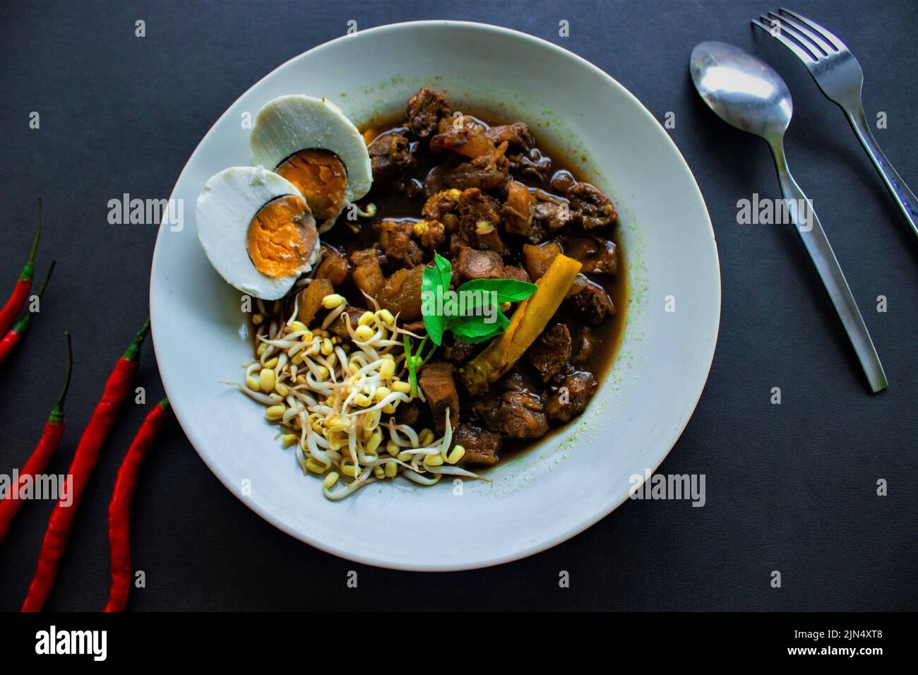 Il riso Rawon o Nasi Rawon/Rawon è una tradizionale zuppa di manzo indonesiana, servita con germogli, uova salate, condimento kluwek. Da Java est. Isolato Foto Stock