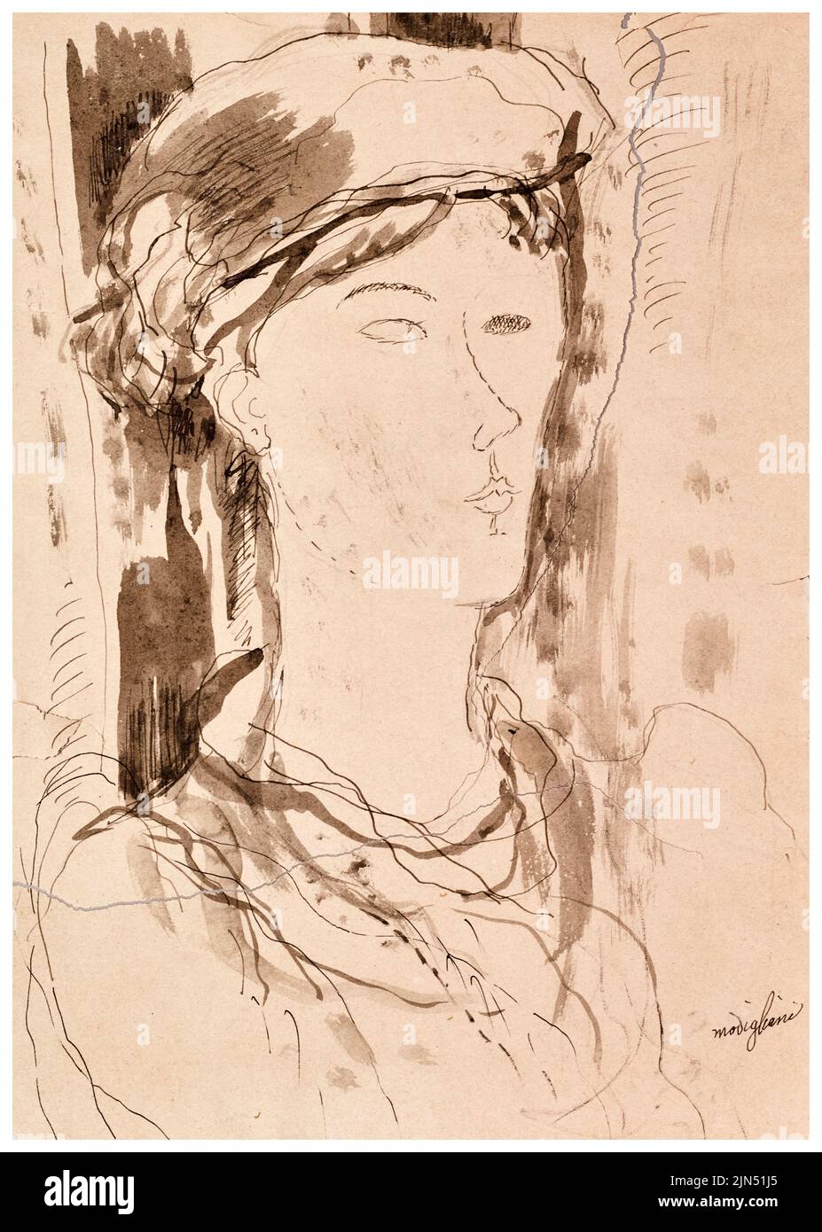 Amedeo Modigliani, la testa della donna, disegnando a penna e inchiostro, prima del 1920 Foto Stock