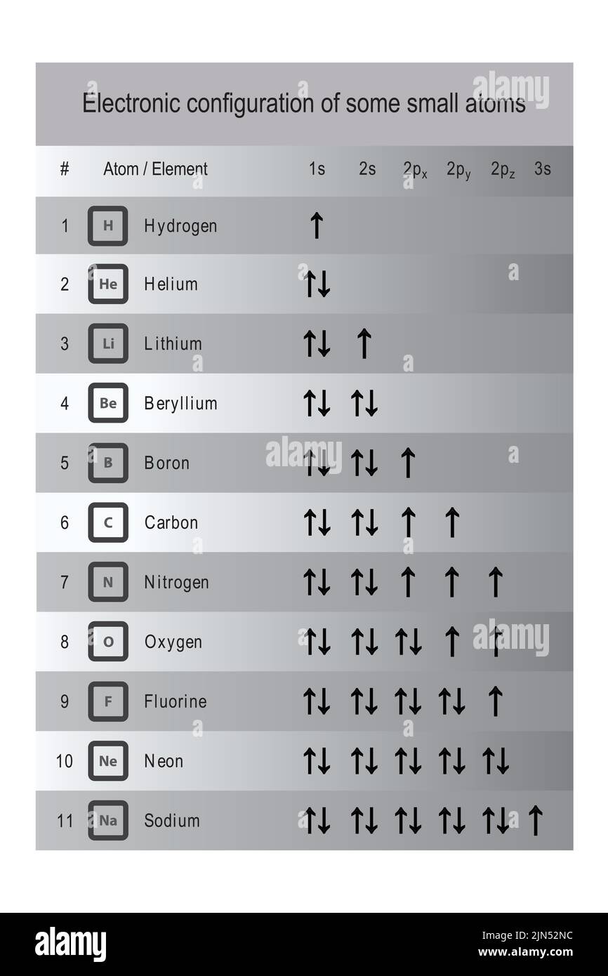 Tabella che mostra la configurazione orbitale elettronica degli atomi più piccoli - idrogeno a sodio - scala di grigi. Illustrazione Vettoriale